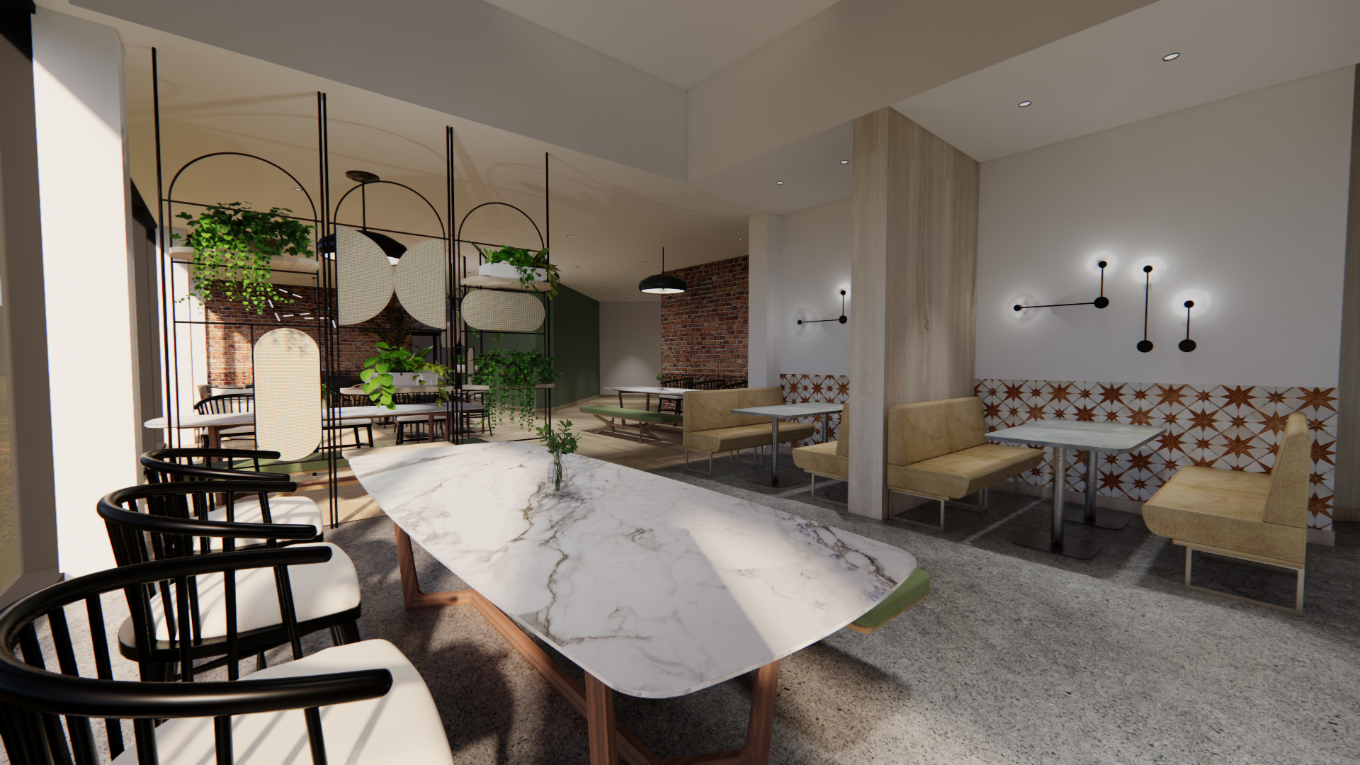 Café interior with acoustic design elements creating calm zones for neurodiverse customers and varied uses