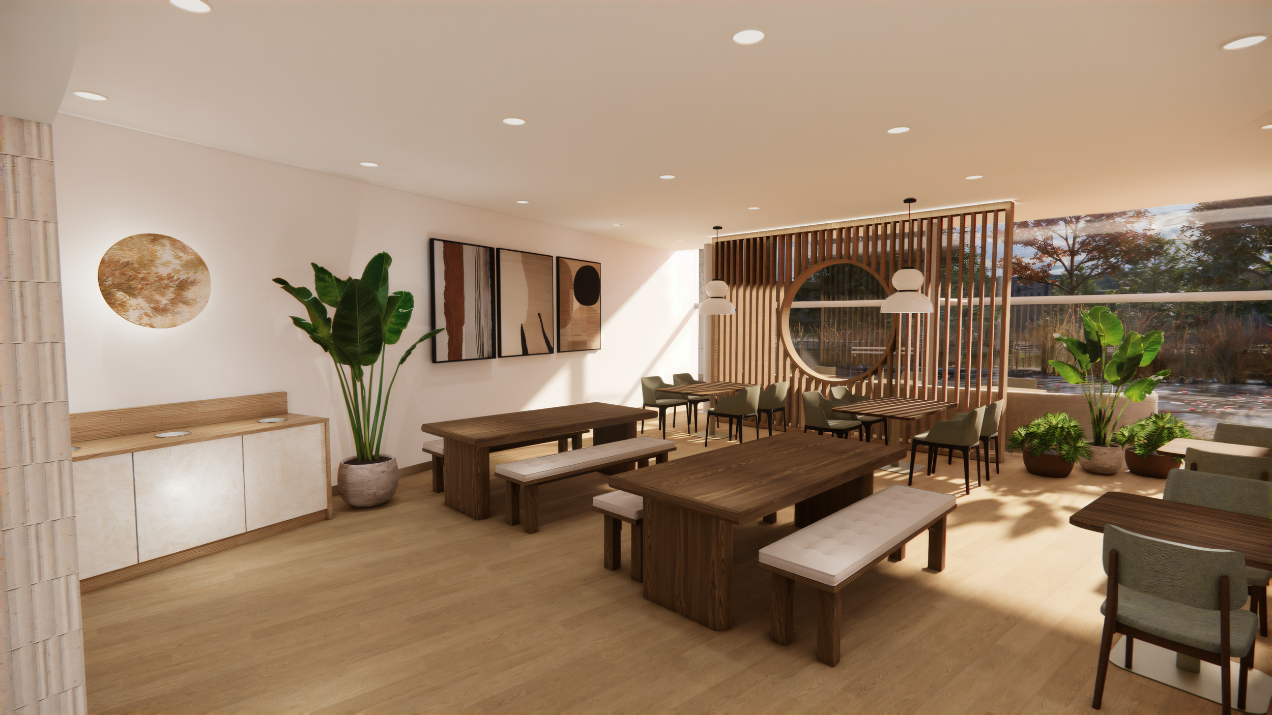 Modern workplace café designed for all-day use, from lunch service to informal meetings and events.