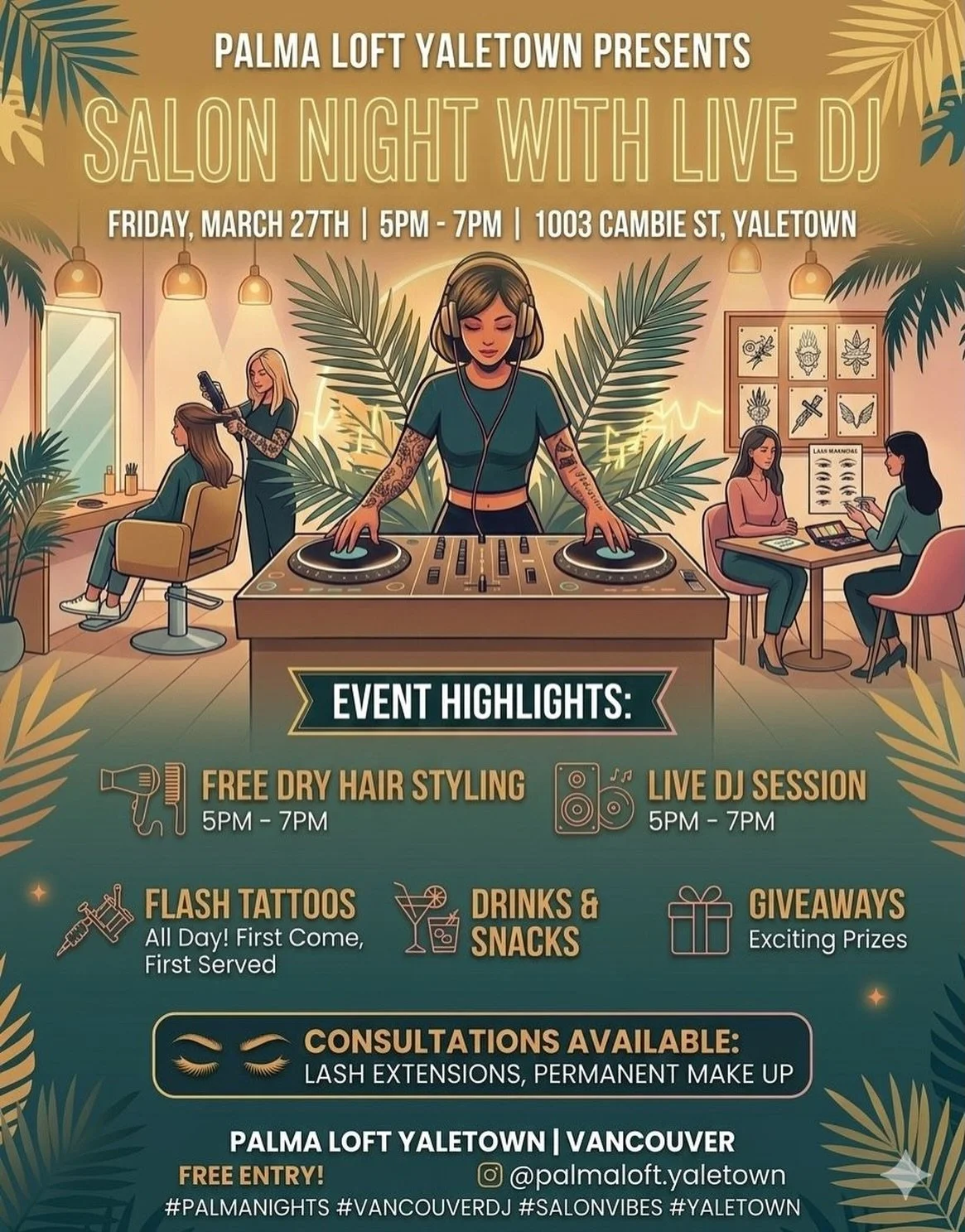 YOUR FRIDAY NIGHT PLANS = SORTED ✨

Join us at Palma Loft Yaletown for our upcoming Salon Night with DJ @samiamsound! Whether you&rsquo;re here for a fresh dry style, a new flash tattoo, or just to vibe out to the live DJ with a drink in hand, we&rsq