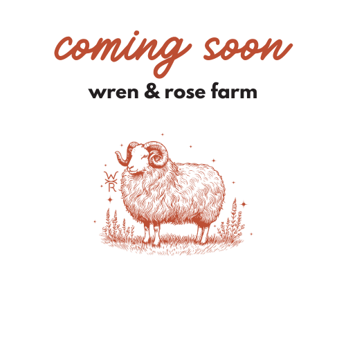 A sign with the text 'coming soon' and 'wren & rose farm', featuring a silhouette of a sheep surrounded by stars.