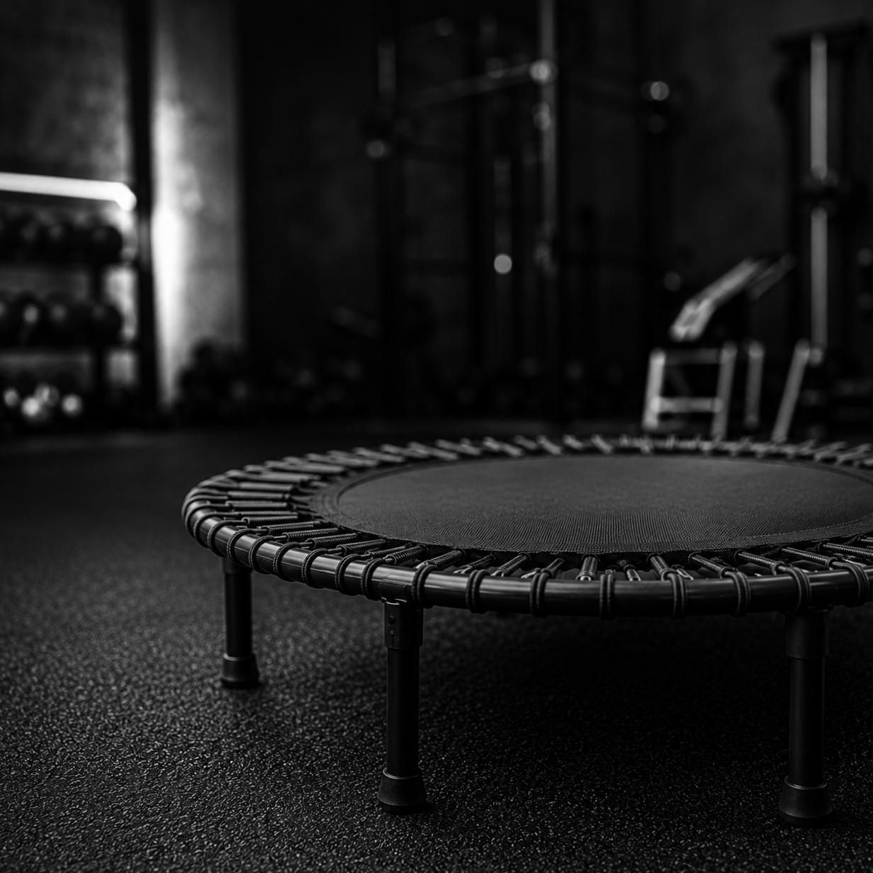 Black and white image of gym equipment on the floor, including kettlebells and a medicine ball, with people exercising in the background.