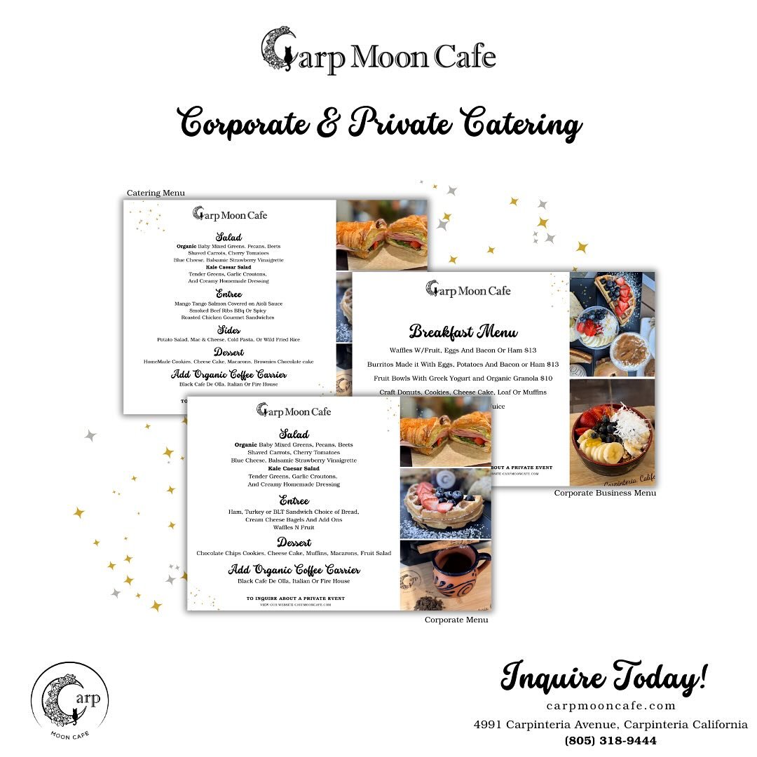 Celebrate the Season at Carp Moon Caf&eacute;! 🌙

Looking for the perfect venue or catering service for your next event? Whether it&rsquo;s a holiday celebration, birthday, corporate meeting, or office lunch, Carp Moon Caf&eacute; is your go-to loca