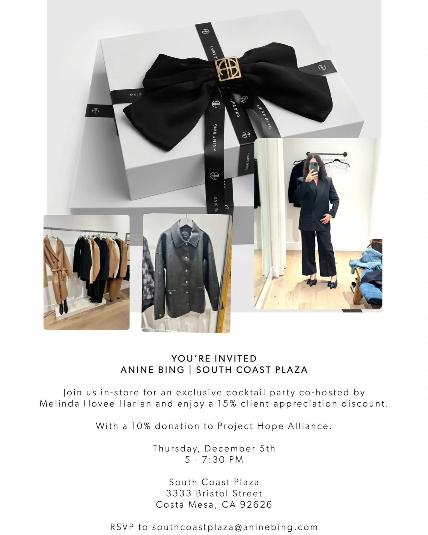Please join me for a cocktail and shopping event benefitting @project.hope.alliance this Thursday from 5-730 at @aninebing @southcoastplaza 

If you are unable to attend and want to support Project Hope Alliance, you can do a remote cart. Please reac