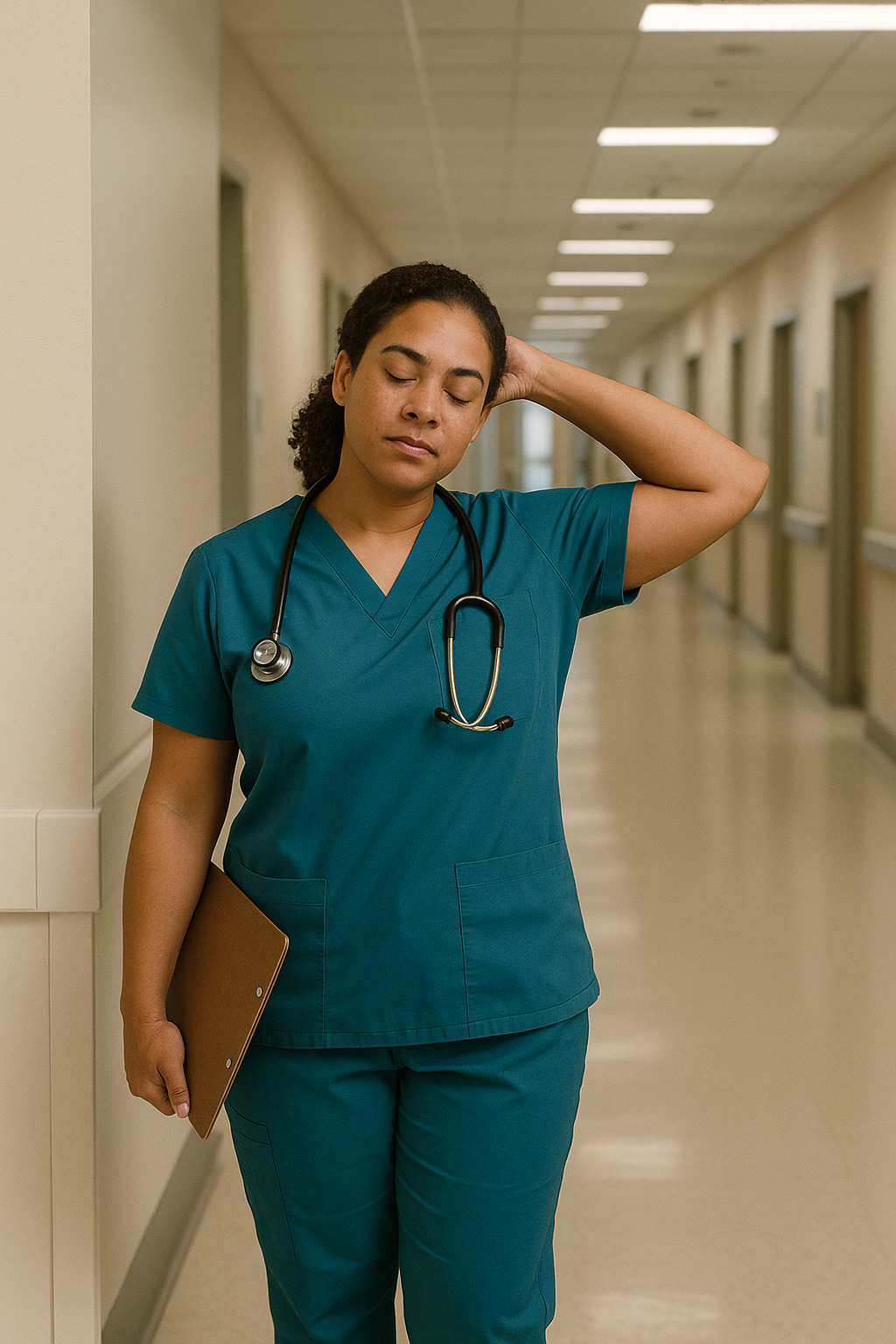 A nurse in teal scrubs, with a stethoscope around her neck, stands in a hospital hallway with her eyes closed and her hand on the back of her head, appearing tired or stressed.  Serving Uniontown, Connellsville, at our Dunbar location.