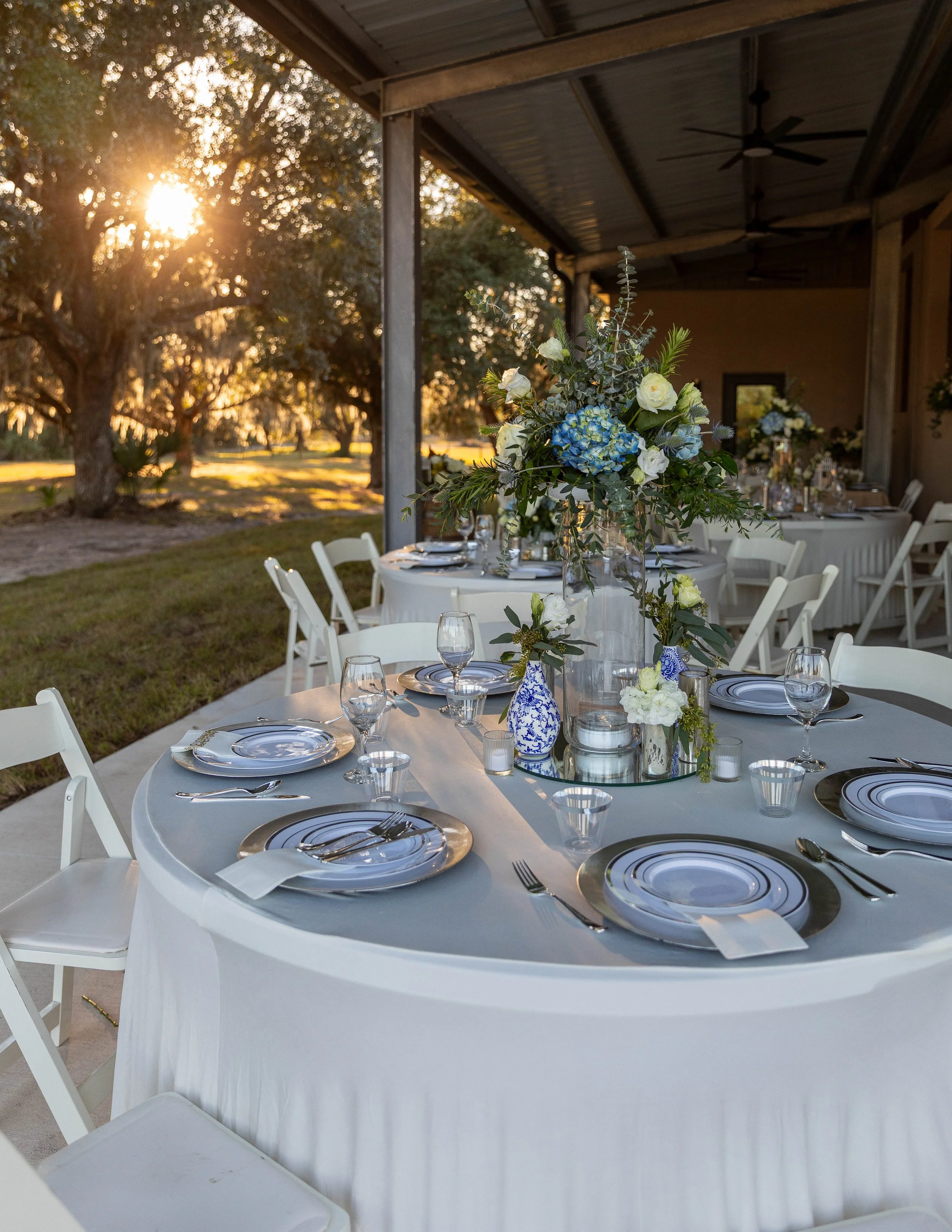 Blue & White Table Settings at Sunset
