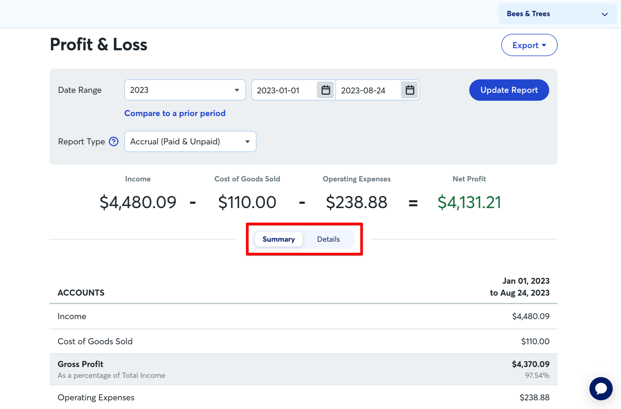 Screenshot of a profit and loss report for a business, showing income, cost of goods sold, operating expenses, and net profit for January 1 to August 24, 2023, with summary and details tabs.