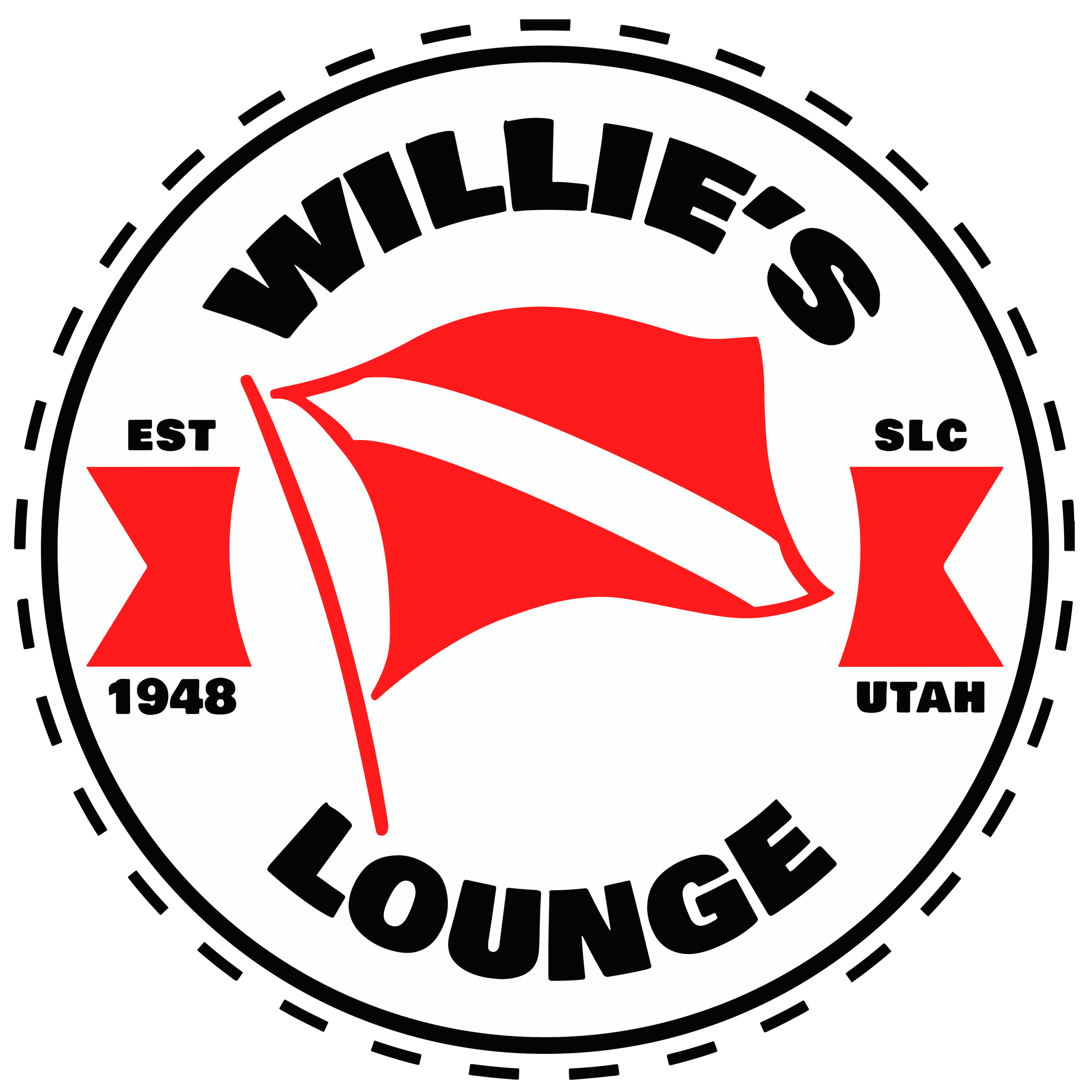"Willies Lounge" text in red neon-style font on dark background.