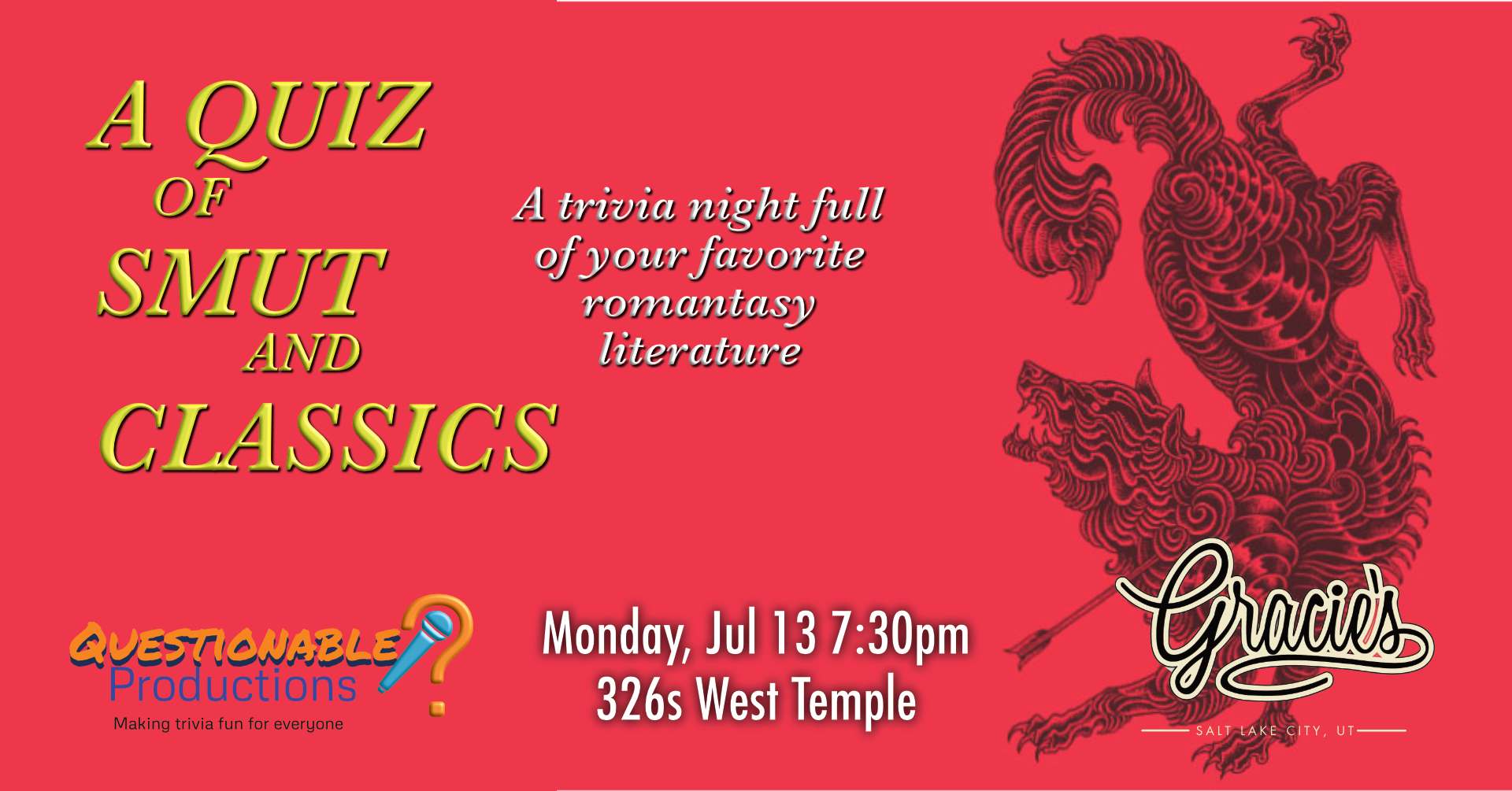red background with fantasy dragon sketch and text A quiz of smut and classics
