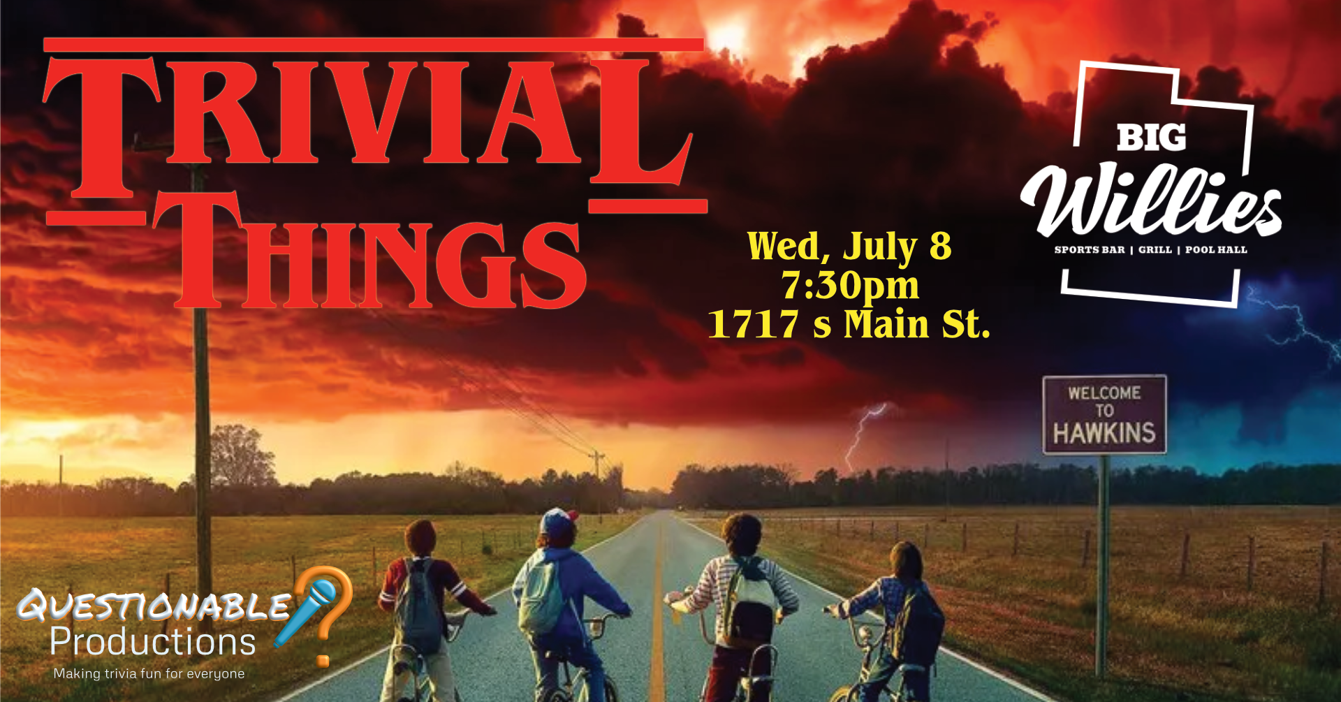 Stranger Things 4 boys on their bikes looking at stormy red sky