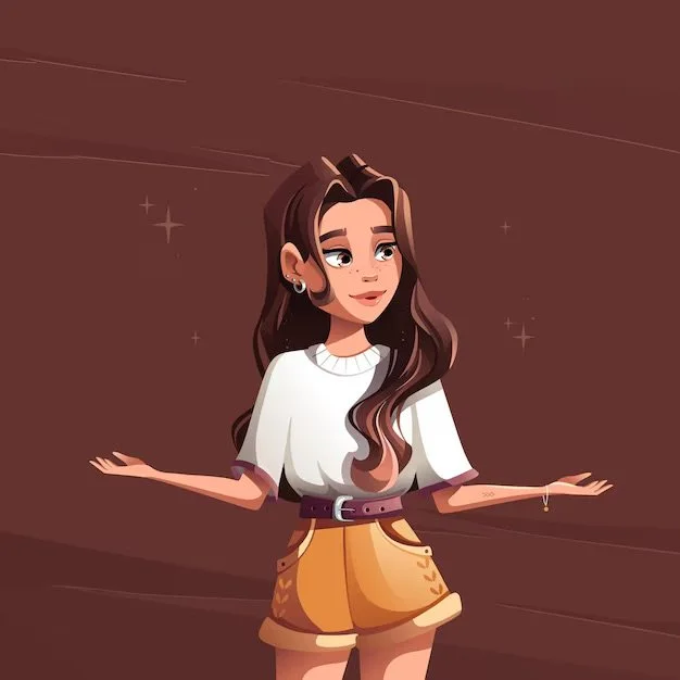 Cartoon girl with long brown wavy hair, wearing a white top and yellow shorts, standing with arms outstretched against a brown background with small sparkles.