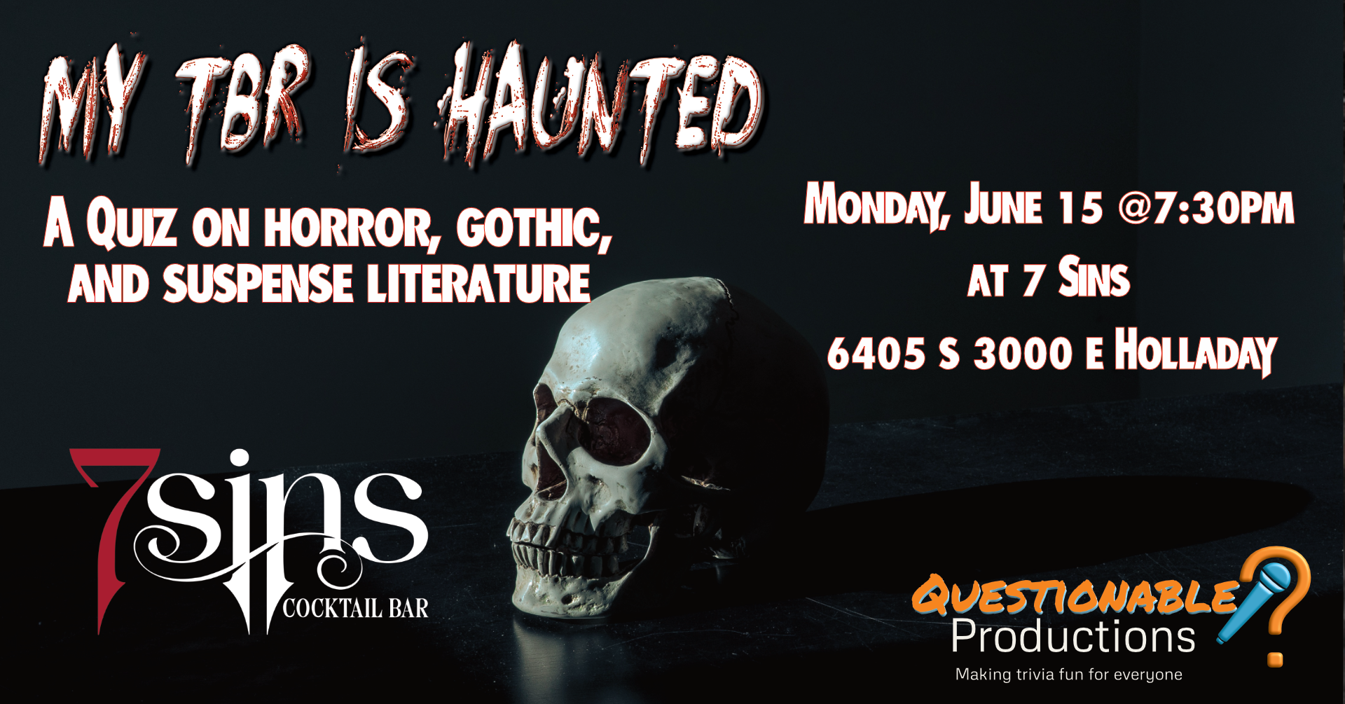 Gothic-looking skull with text: My TBR is haunted, a quiz on horror, gothic, and suspense literature