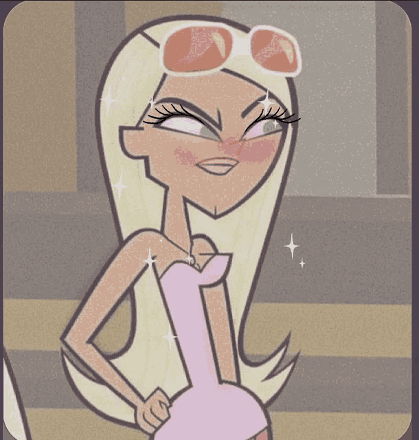 Animated character with long blonde hair, wearing sunglasses on her head, a strapless pink dress, and standing confidently with her hand on her hip.