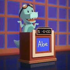 Animated dinosaur character at a checkout counter with a negative balance of $6400 and a sign that says 'Abe'.