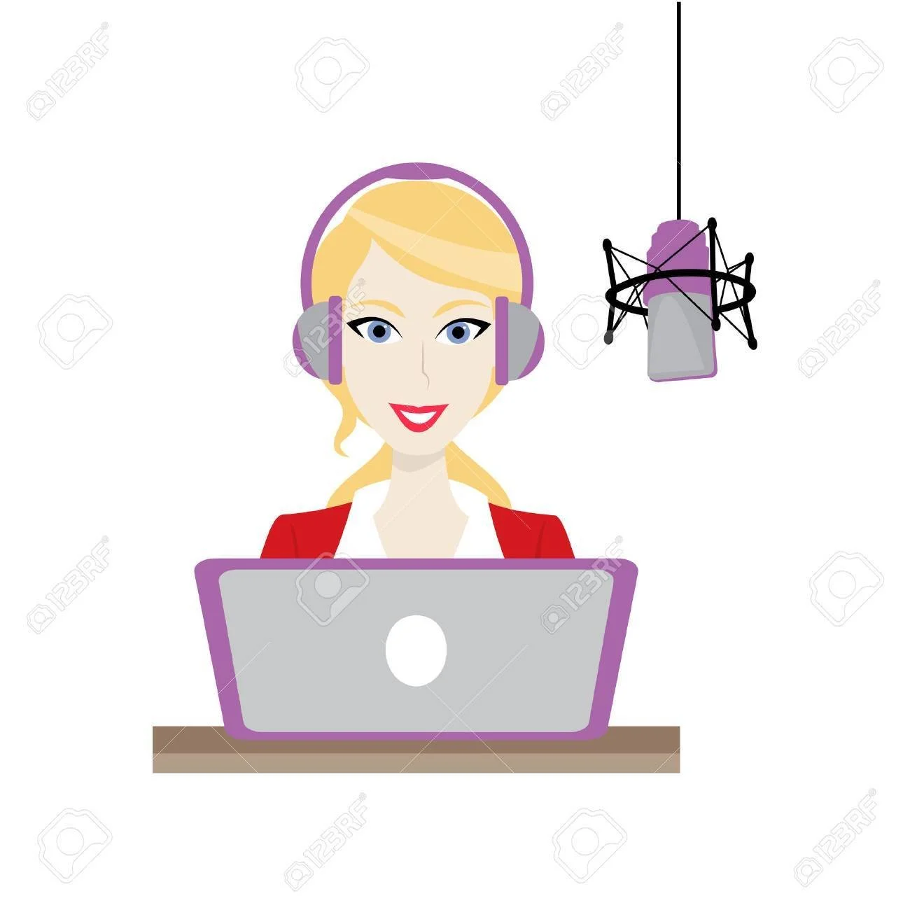 Illustration of a woman with blonde hair, wearing headphones, sitting at a desk with a laptop, speaking into a microphone.