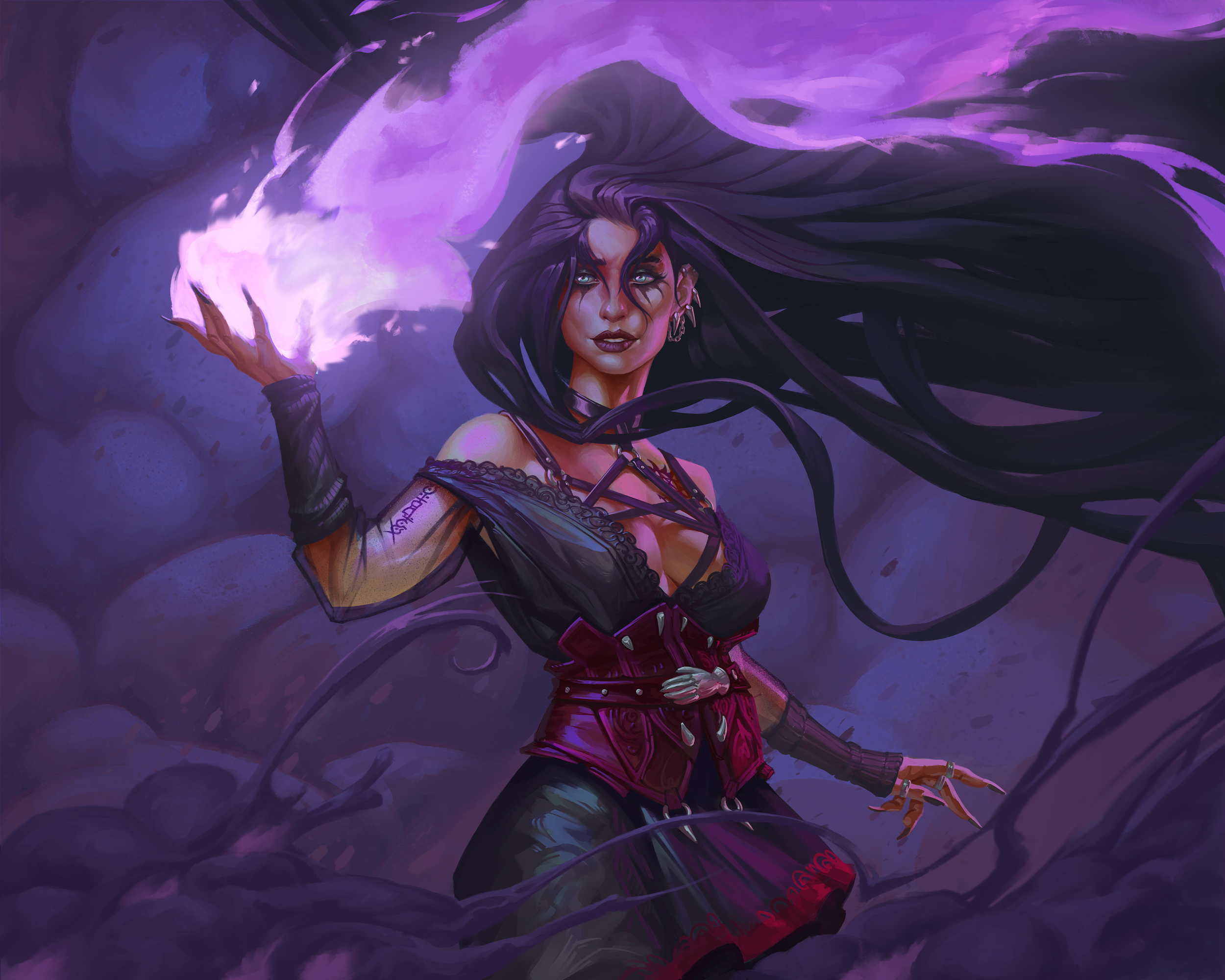 A dark fantasy illustration of a woman with long flowing black hair casting purple magic from her hand, surrounded by dark clouds and mystical purple energy.