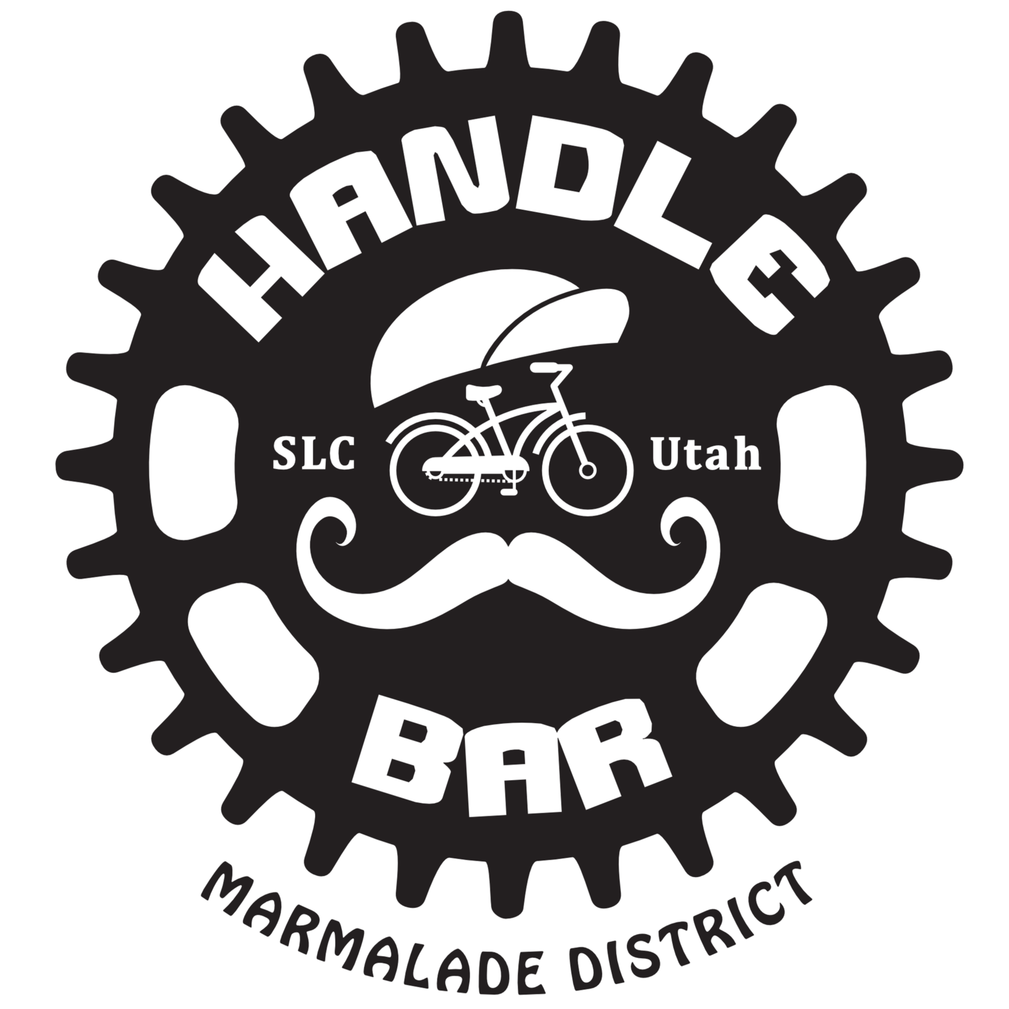 Logo with a bicycle, helmet, and mustache in the center, surrounded by a gear wheel. Text reads 'Handley' at the top, 'Bar' at the bottom, 'SLC Utah' on the sides, and 'Marmalade District' at the bottom.