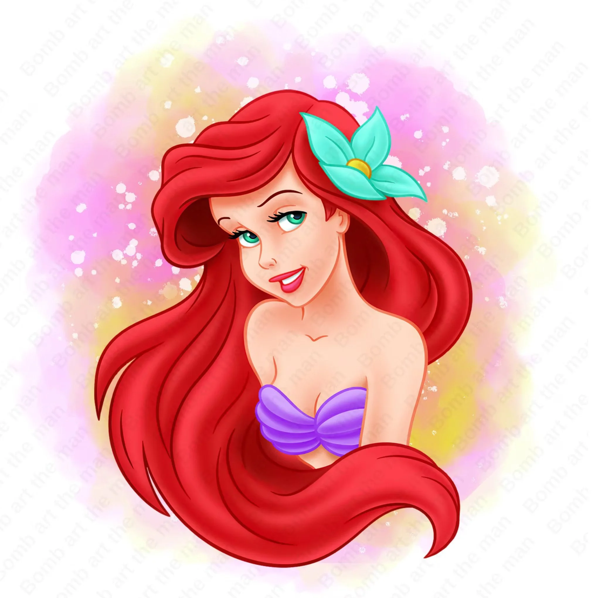 A cartoon illustration of a mermaid with long red hair, teal eyes, a purple shell bikini top, a blue flower in her hair, and a colorful background with pink, yellow, and purple splashes.