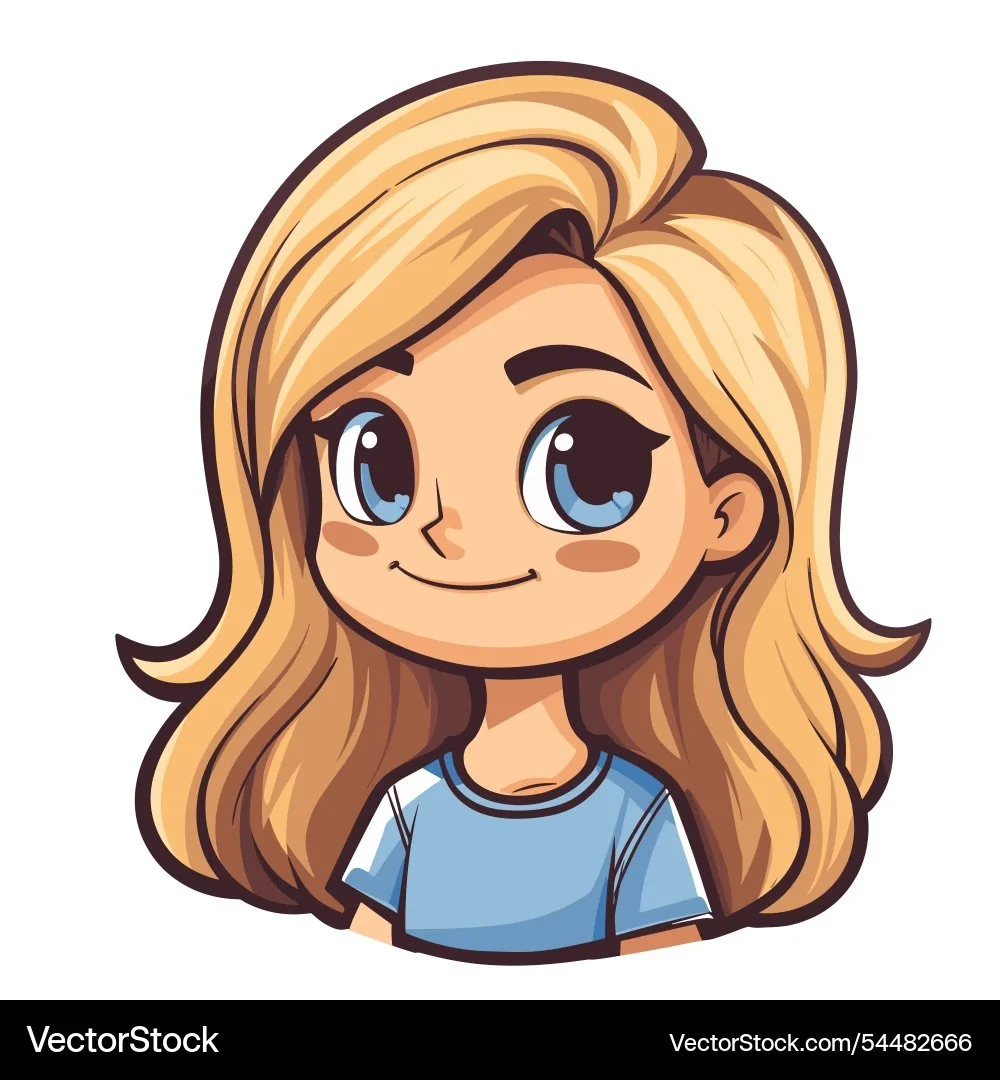 Cartoon girl with long blonde hair, big blue eyes, wearing a blue shirt.