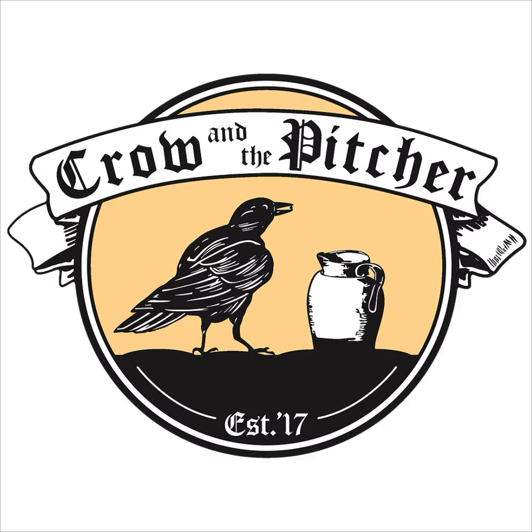 A logo with a black crow and a ceramic pitcher on a beige background; the text 'Crow and the Pitcher' in a banner above the crow, and 'Est. '17' below.