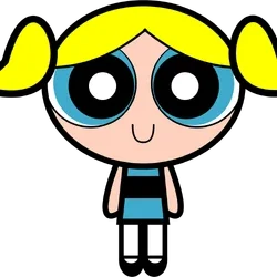 Cartoon girl with blonde pigtails, big blue eyes, and a blue dress.