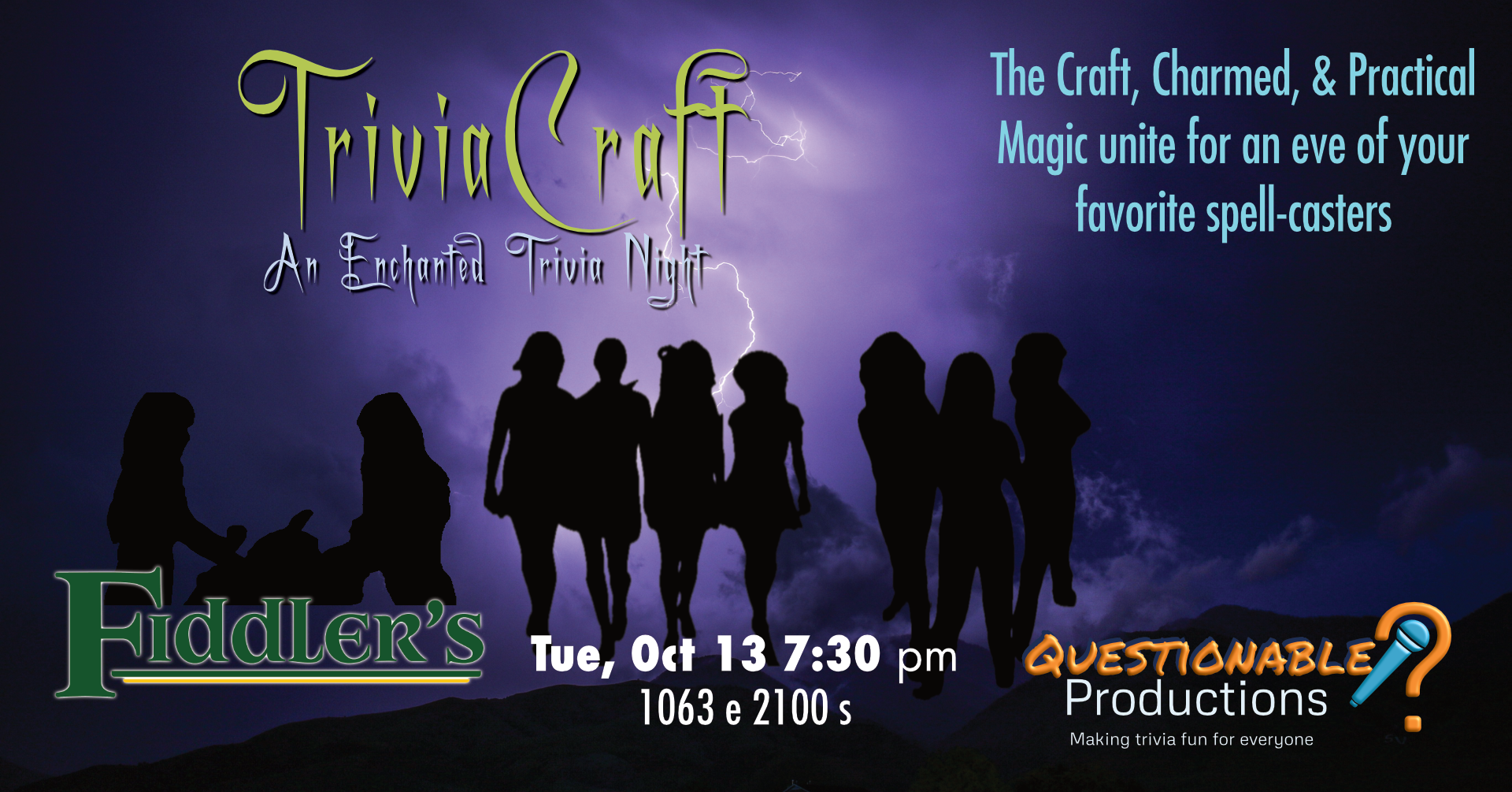 Thunderstorm purple backdrop with silhouettes of the witches from The Craft, Practical Magic, and Charmed