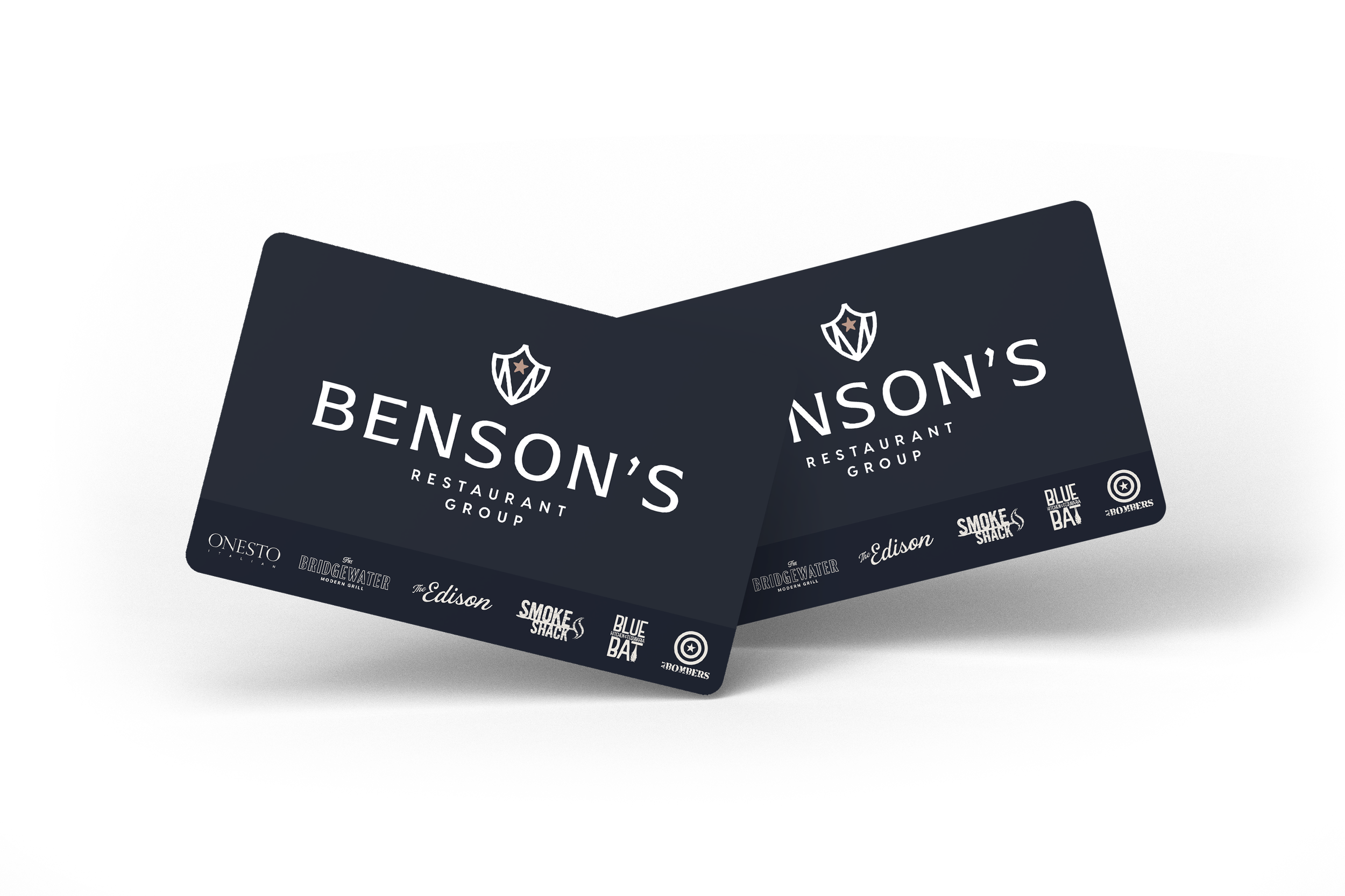 Two Benson's Restaurant Group gift cards with logos of associated restaurants, including Onesto, The Bridgewater, The Edison, Smoke Shack, Blue Bat, and Z44.