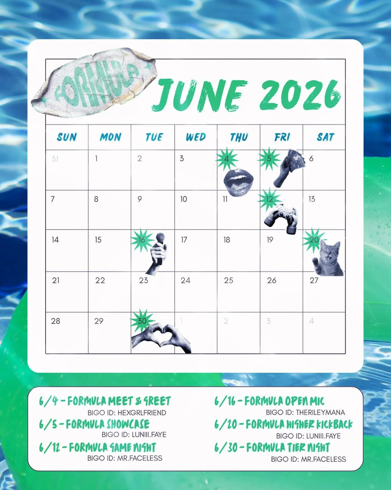 chill vibes &amp; going live with @formulatalentnetwork this summer 😎☀️

we have our regular lineup here!
ALL EVENTS START AT 9PM ET 🧪

FOLLOW THE ADMIN FOR MORE EVENTS! 
@f4c3l3ss_productions @luckykitten023 @killerqueenhex @ktthatgirlnc @sadb_oi4