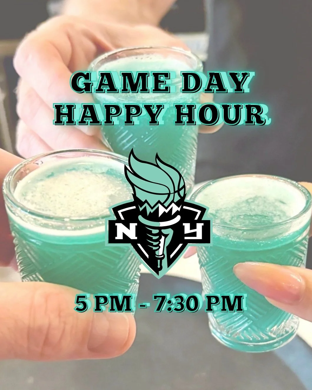 LIGHT IT UP for the Liberty Playoffs! 🗽 We&rsquo;re extending our happy hour on game days till 7:30PM so you can pre-game with a round of our Liberty drink special 🏀 &ldquo;The Big Ellie&rdquo; She&rsquo;s got coconut rum, pineapple, blue caracao 

