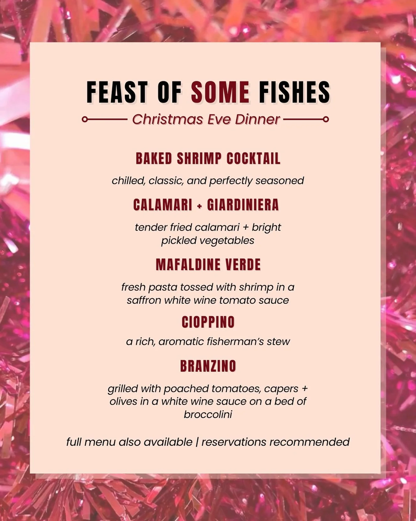 Feast with us on Christmas Eve! 🎄We&rsquo;ve got our full menu available PLUS a few fun specials in honor of ✨The Feast of 7 Fishes✨ Grab your crew, grab a Resy, and let&rsquo;s celebrate together. Buone feste!🎄

✨We will be closed from 12/25-1/1 t