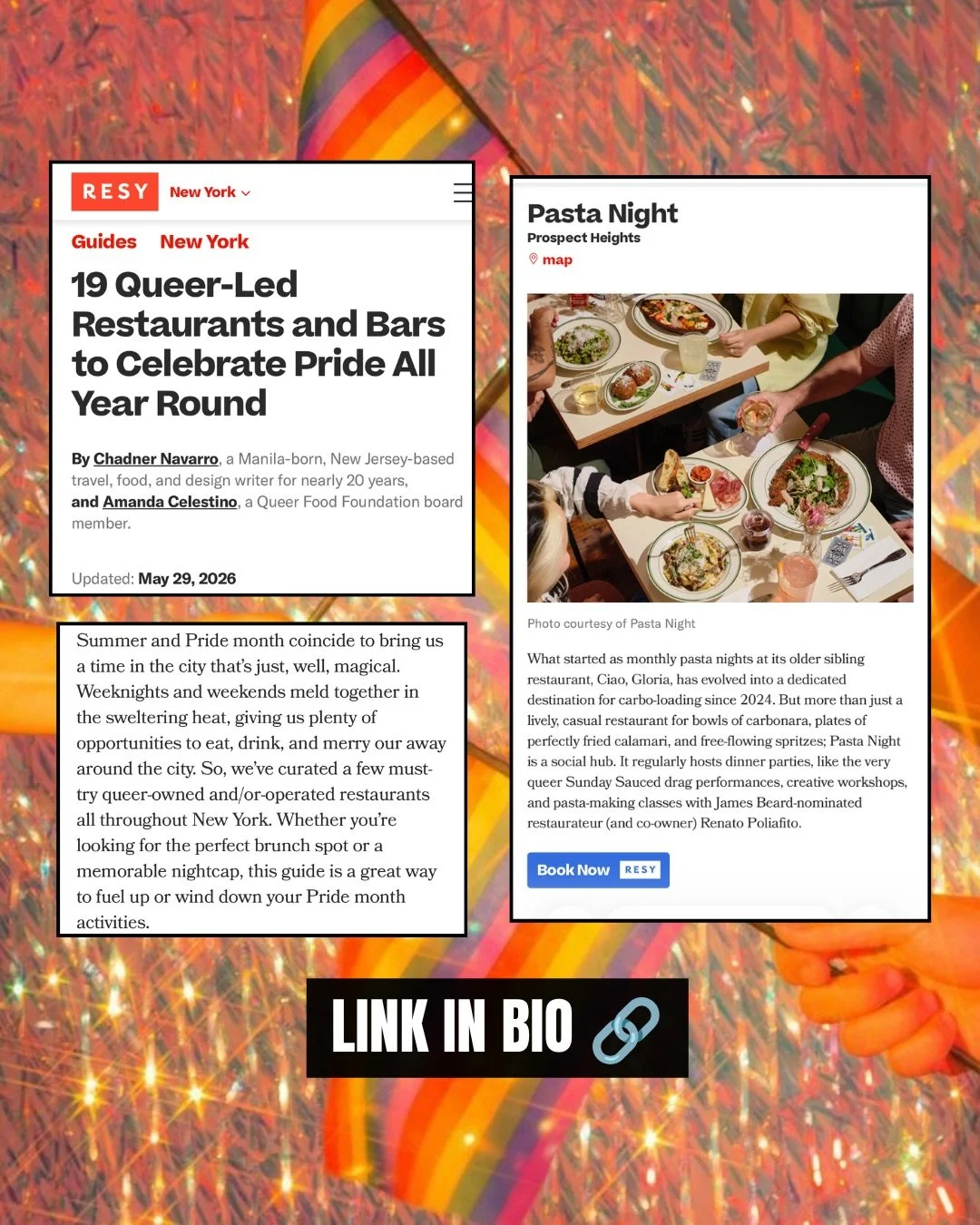 Thrilled to be featured by @resy on their list of Queer-Led Restaurants and Bars to Celebrate Pride All Year Round! 💗 Fab way to kick off Pride and we&rsquo;ve got more fun to look forward to coming your way real soon. Take a look at the list (link 