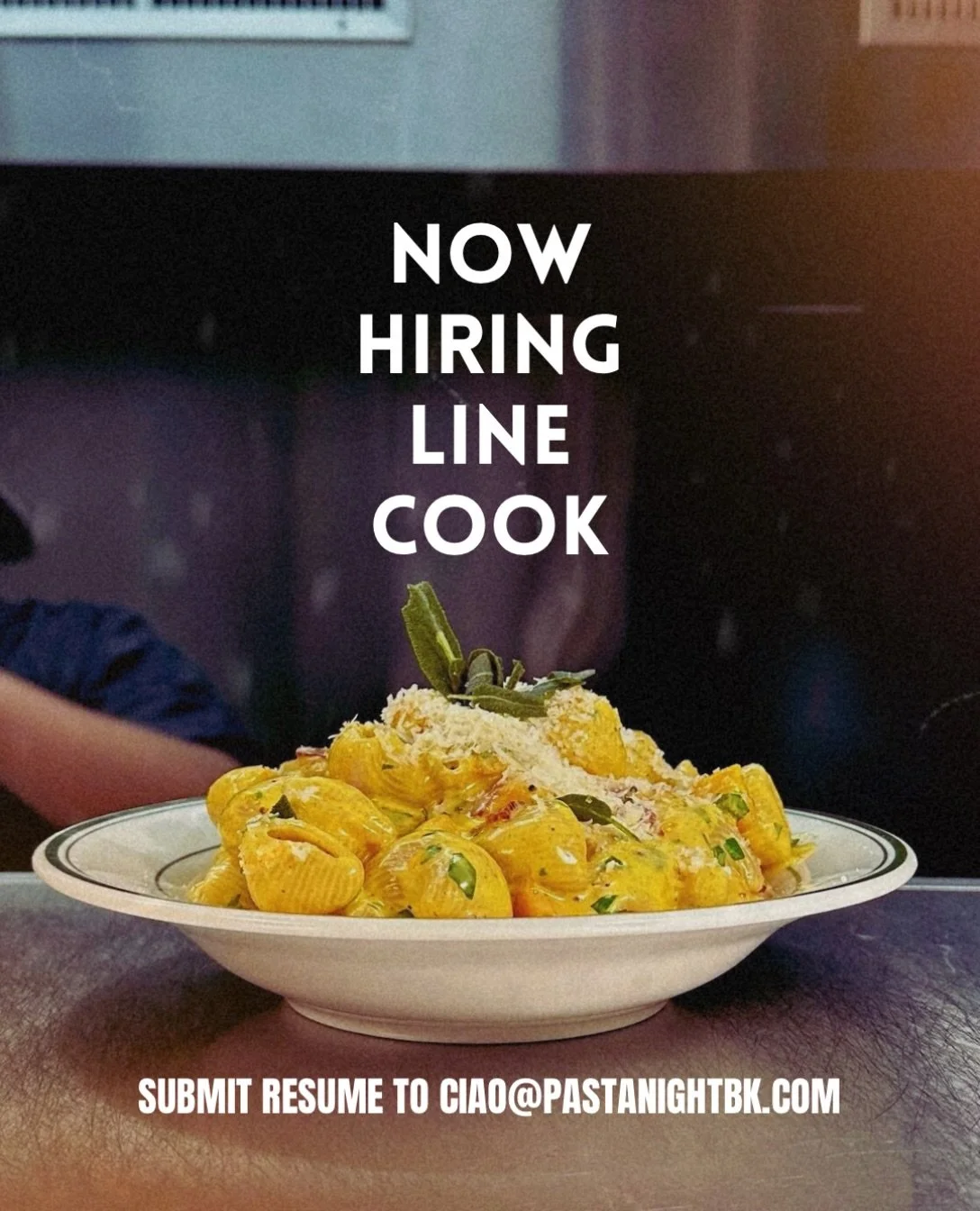 We are looking for an experienced, reliable, and hardworking LINE COOK to join our Pasta Night team🍝 Hiring immediately! ✨ Full-time position in a fast-paced, high-volume kitchen ✨ Great food &amp; great team 💪

Interested? Email your resume to
💌 