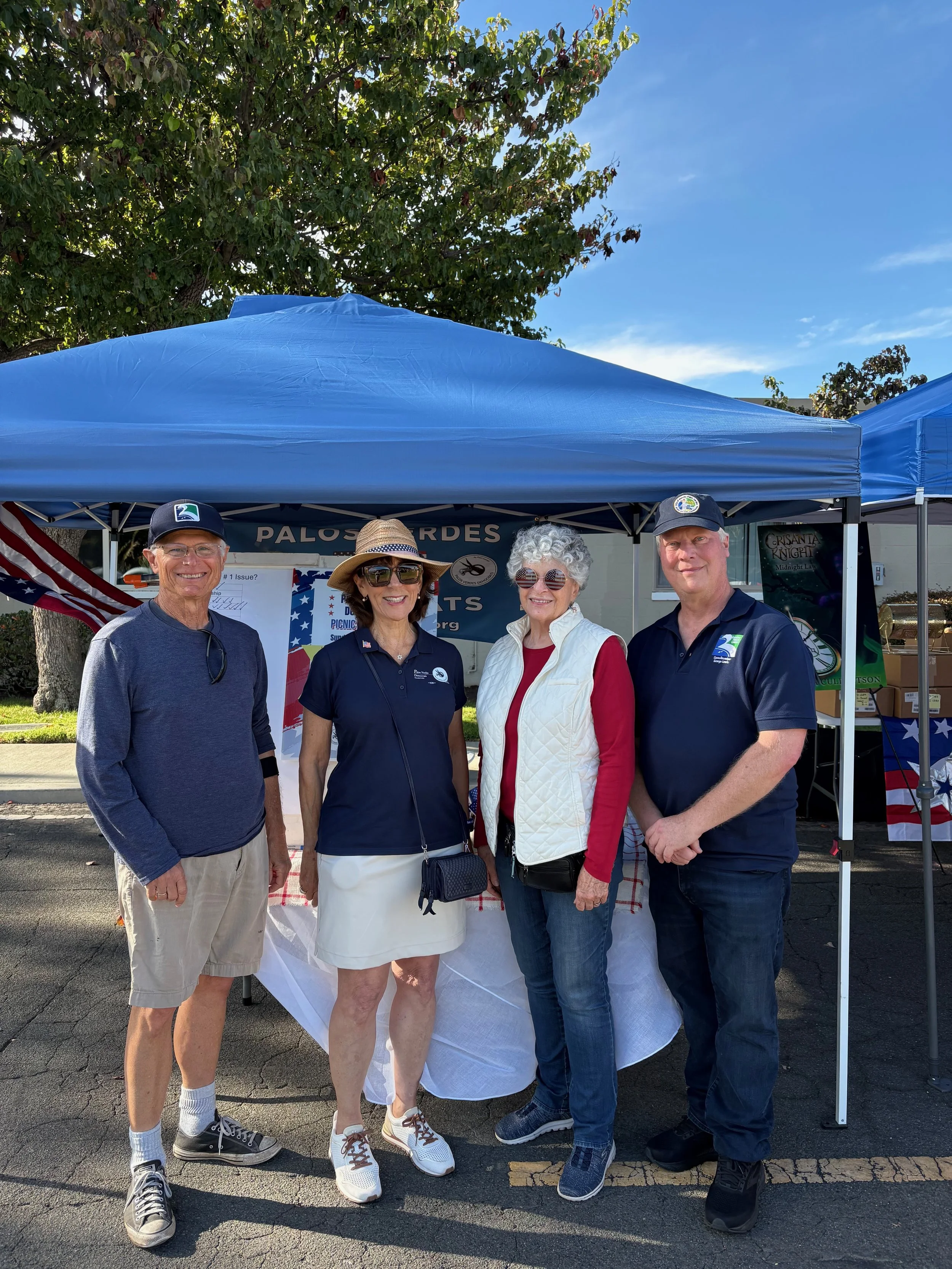 At the RPV 4th of July celebration, 2 RPV city council members dropped by.  Left to right: RPV Councilmember Steve Perestam, PV Dems Board Members Connie Sullivan and Carol Moeller, and RPV Councilmember George Lewis.