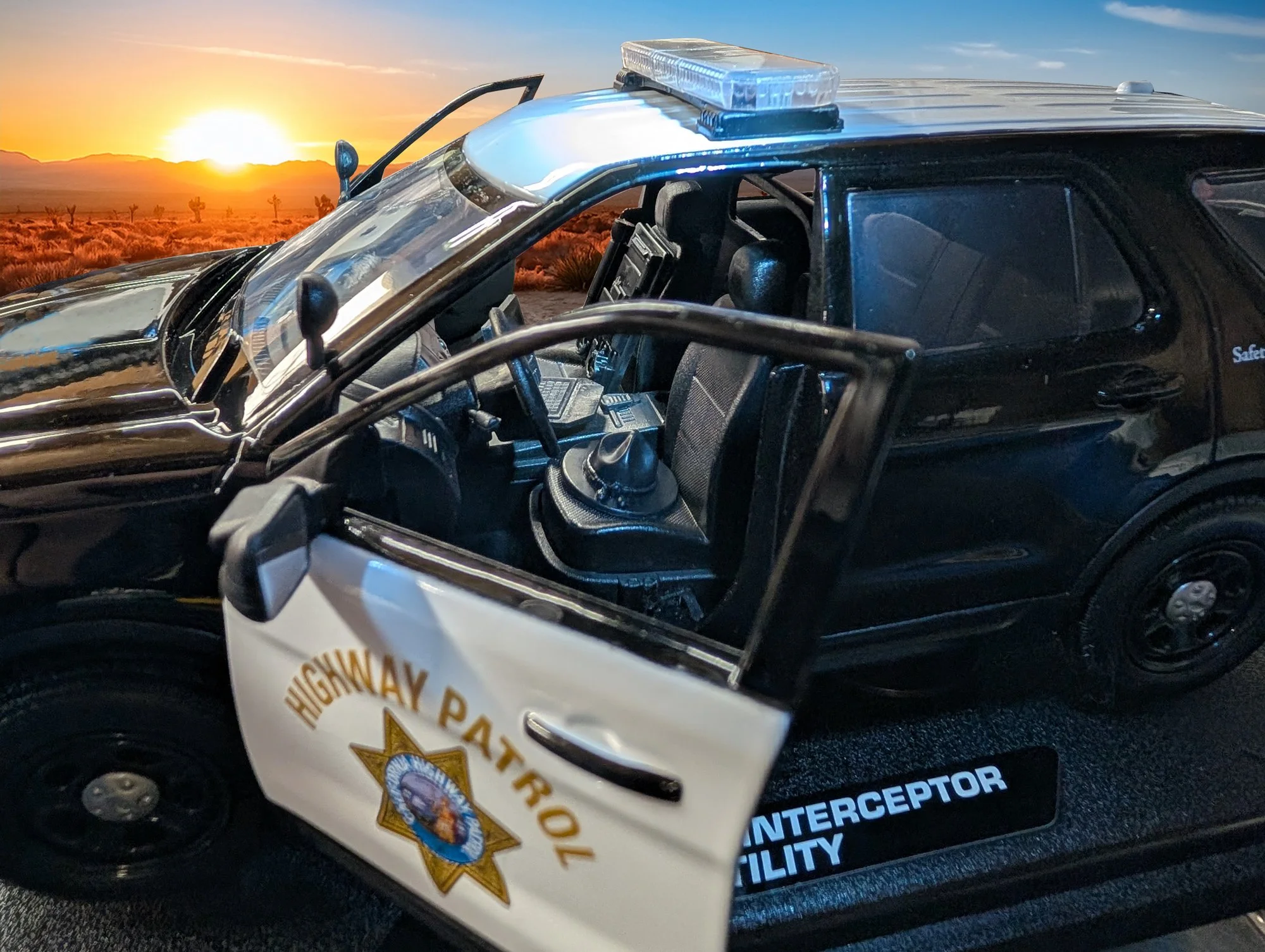 Our Campaign Hat with Acorns and a Seat Back Organizer shown in this 1:18 scale Ford Interceptor.