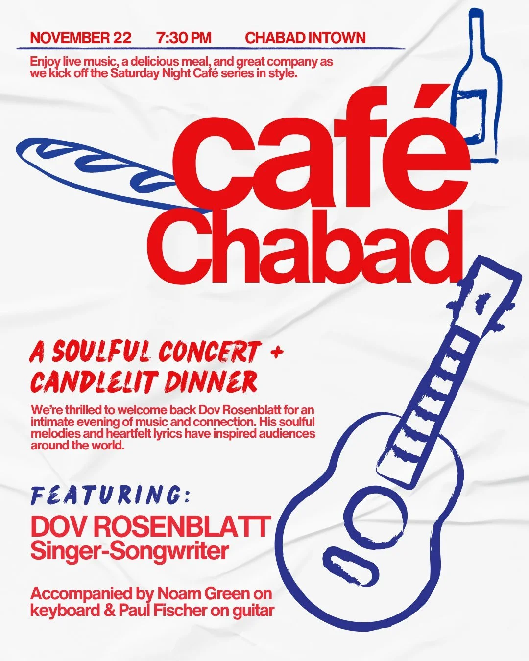 ✨Caf&eacute; Chabad is Back!
ㅤ
🗣️We&rsquo;re kicking off the new season with Dov Rosenblatt! You may remember him from his beautiful High Holiday davening this year.
ㅤ
🎤 Join Dov, accompanied by Noam Green 🎹 and Paul Fischer 🎸, for an intimate ev
