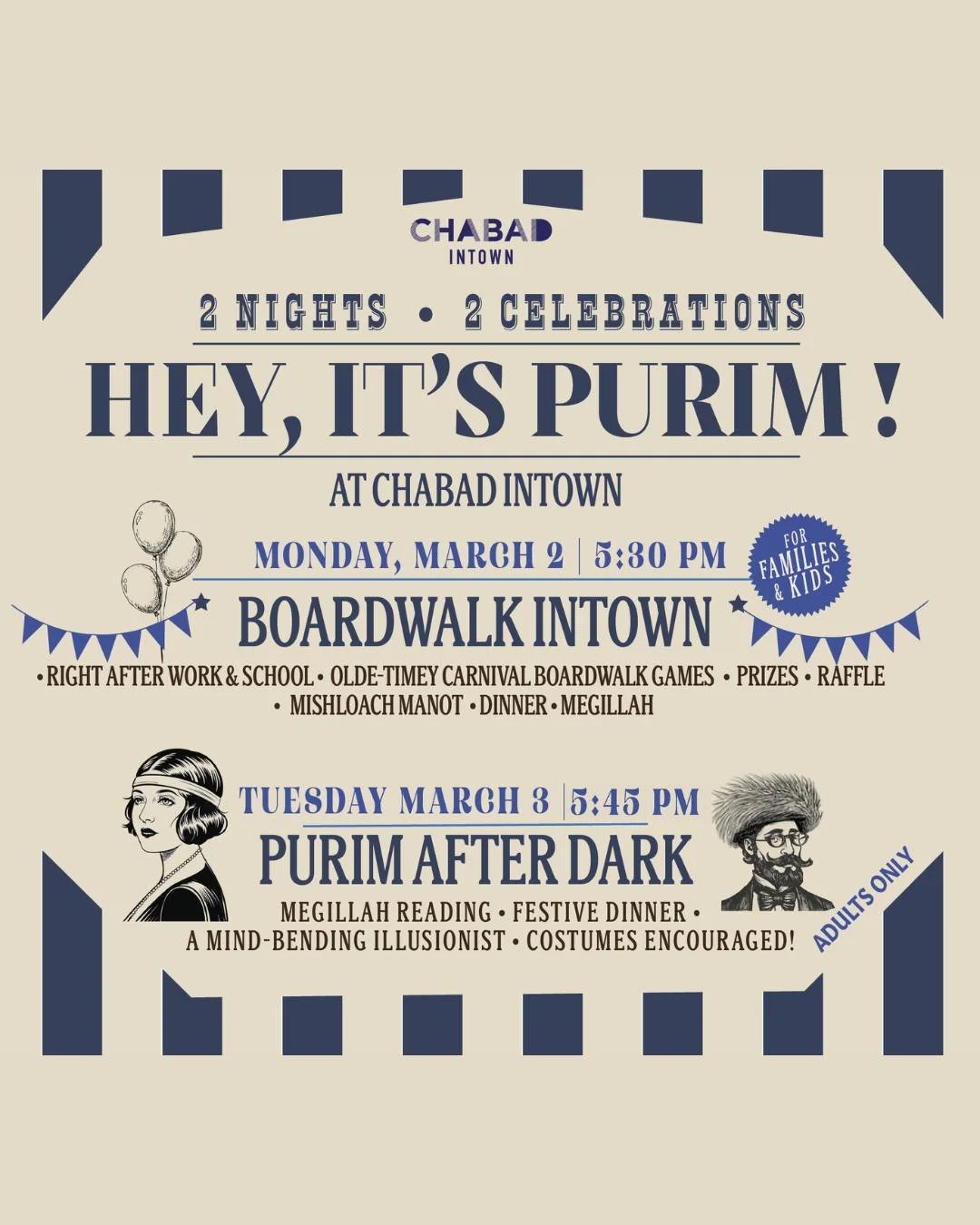 🎭 Purim is just TWO WEEKS away and we&rsquo;re in full prep mode.
ㅤ
Costumes. Great food. Megillah. Big joy.
The kind of energy you only get when the whole community shows up.
ㅤ
We&rsquo;ve got two epic celebrations planned:
🎡 BOARDWALK INTOWN (Fam
