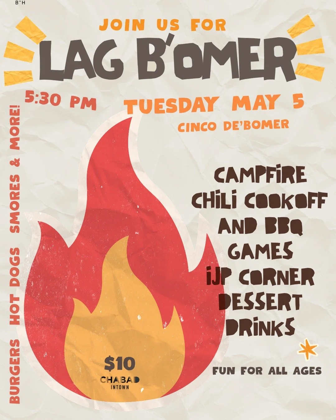 🔥We took Lag B&rsquo;Omer, on May 5, added a little spice &amp; turned it into Cinco de&rsquo;Bomer! 
ㅤ
Two weeks away. Don't miss out!
ㅤ
✨What to expect:
&bull;Sizzling BBQ for adults &amp; kids
&bull;Epic Chili Cookoff!
&bull;Delicious drinks and 