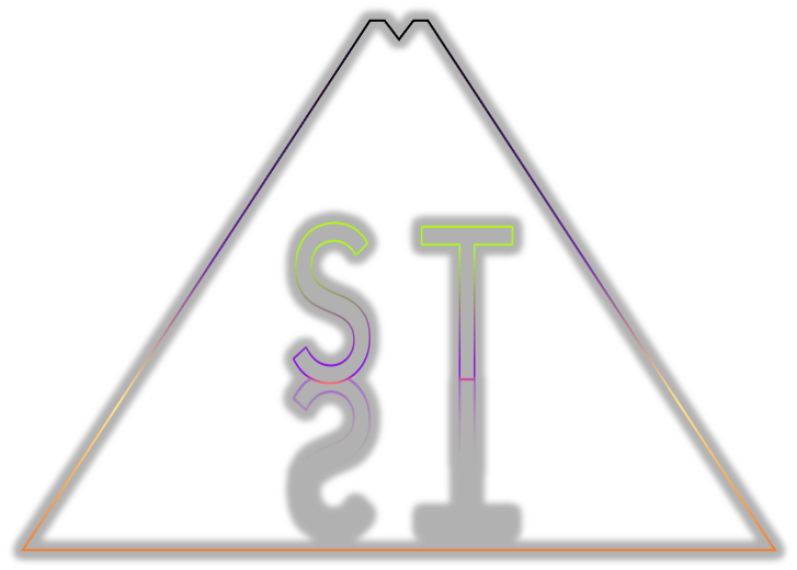 Neon light sign displaying the letters S and T inside a glowing triangle.