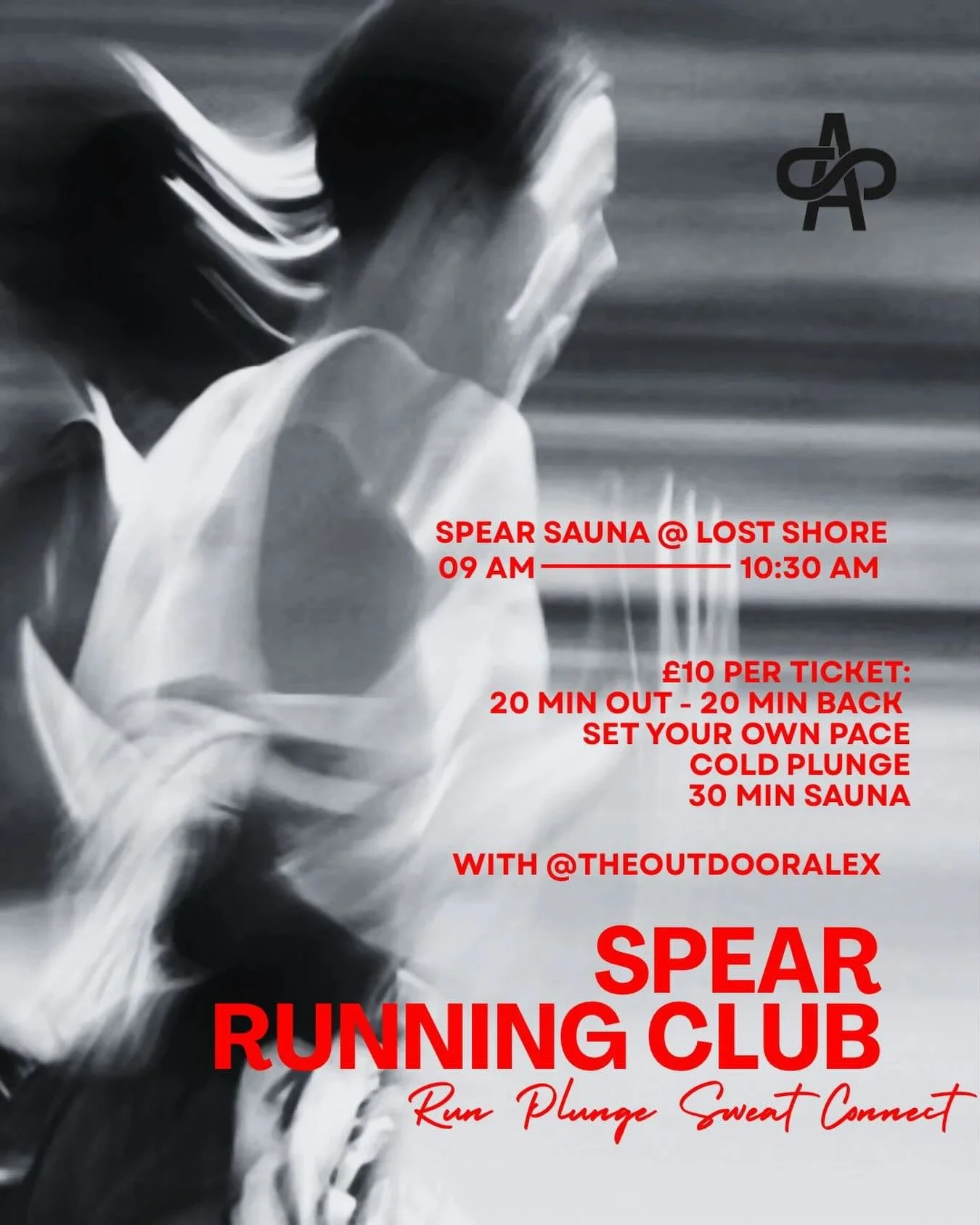 Spear Run Club with Spear Sauna at Lost Shore
1 hour 30 minutes @ &pound;10.00
Join us on Sunday 18th January | 15th February | 15th March for Run Club: Cold Plunge &amp; Sweat with @theoutdooralex 
&pound;10 per session

Come run, plunge, sweat, &am