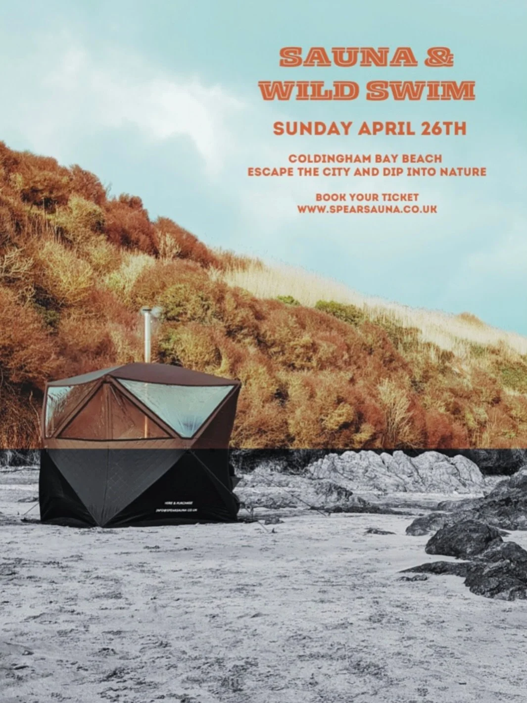 Wild Sauna - Coldingham Bay 
Sunday 26th April

10.30am-5.30pm

&pound;20 for a 60 minute session
Join us for a wellness escape in nature with our wild sauna experience at beautiful Coldingham Bay.

Our 2 large (10 person) sauna tents will be located