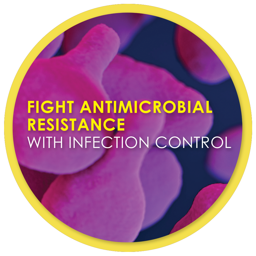 Close up of germs with text that says "Fight antimicrobial resistance with infection control".