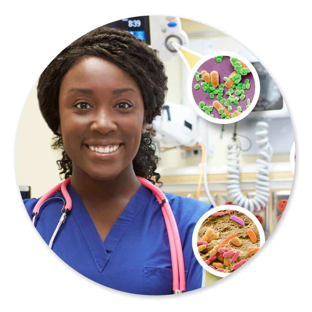 Portrait of nurse with callouts showing germs around the room she is in.