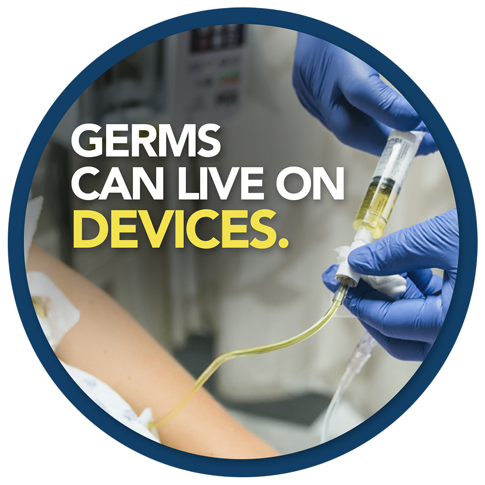 Close up of an IV. Text says "Germs can live on devices."