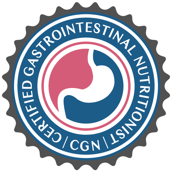 Seal or badge with a stylized stomach illustration and the text "Certified Gastrointestinal Nutritionist / CGN" around it in a circular pattern.
