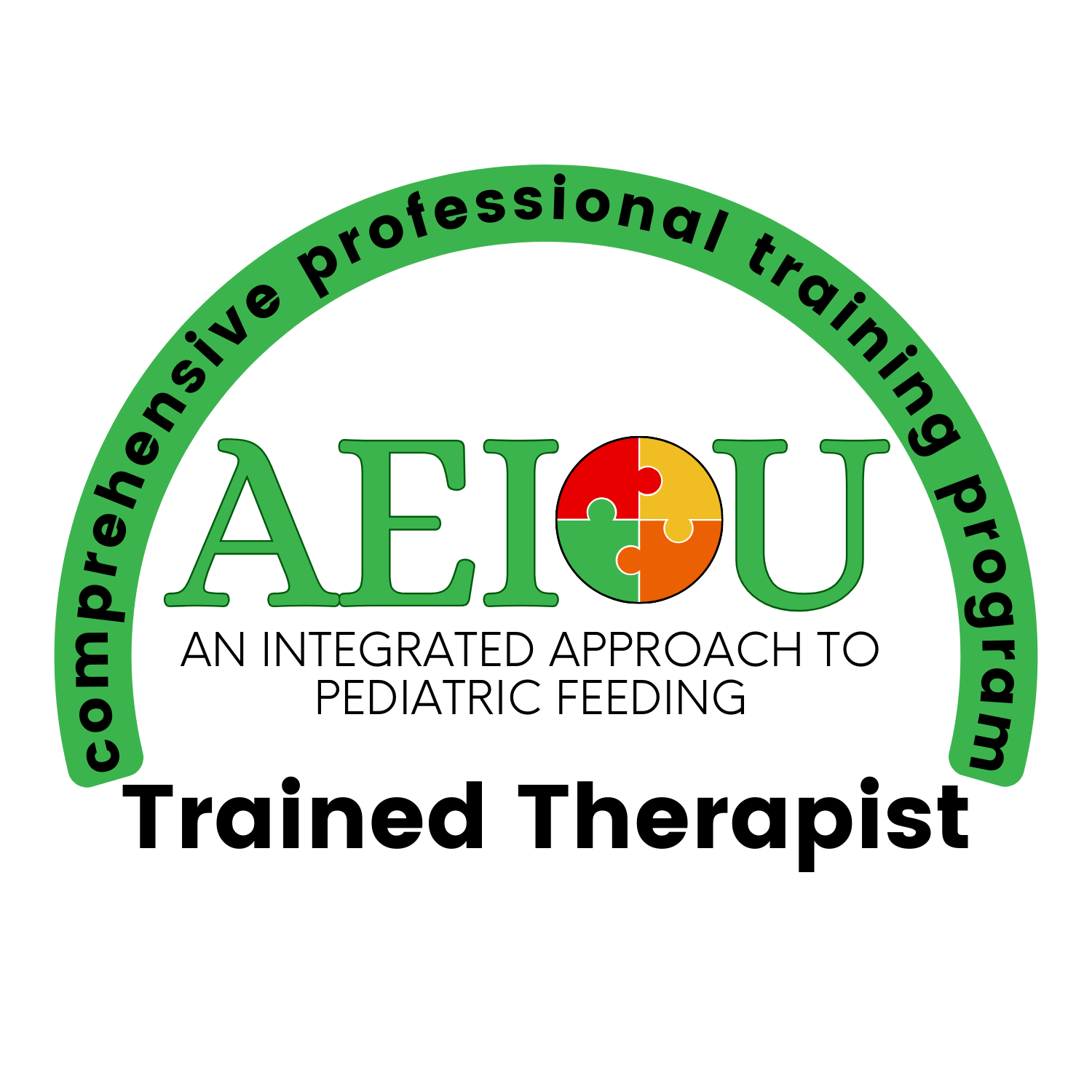 Logo for AEIOU, with the organization's name in green and a circular puzzle piece design inside the letter 'O', surrounded by green text that reads 'Comprehensive therapeutic professional training program'.