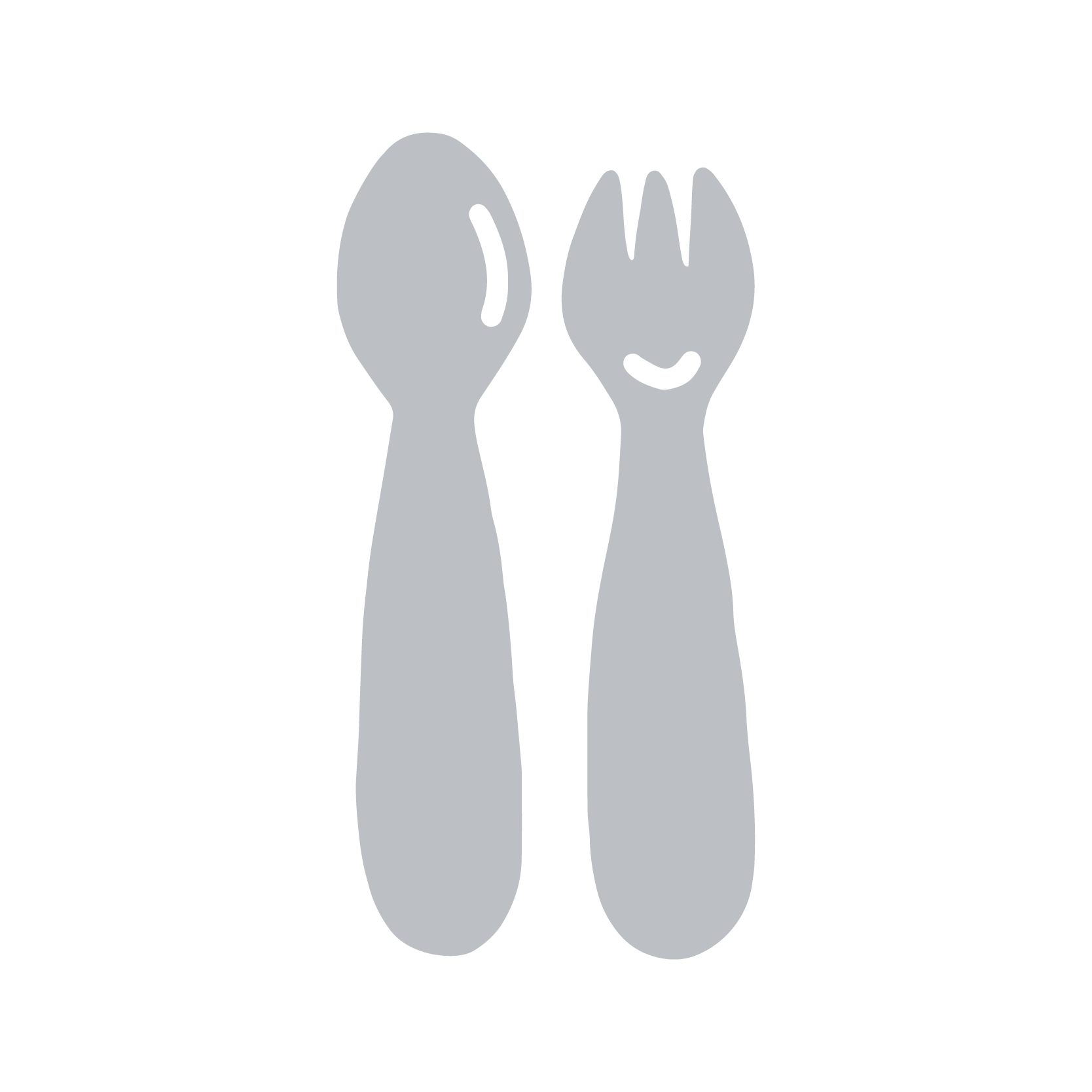 Gray smiling spoon and fork with cartoon faces on black background.