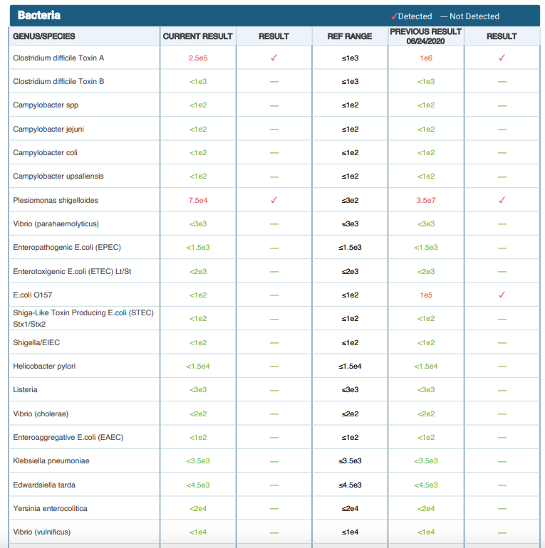 Laboratory report table listing bacteria species, current results, reference ranges, previous results, and test results; highlights detected bacteria with checkmarks and notable results in red.