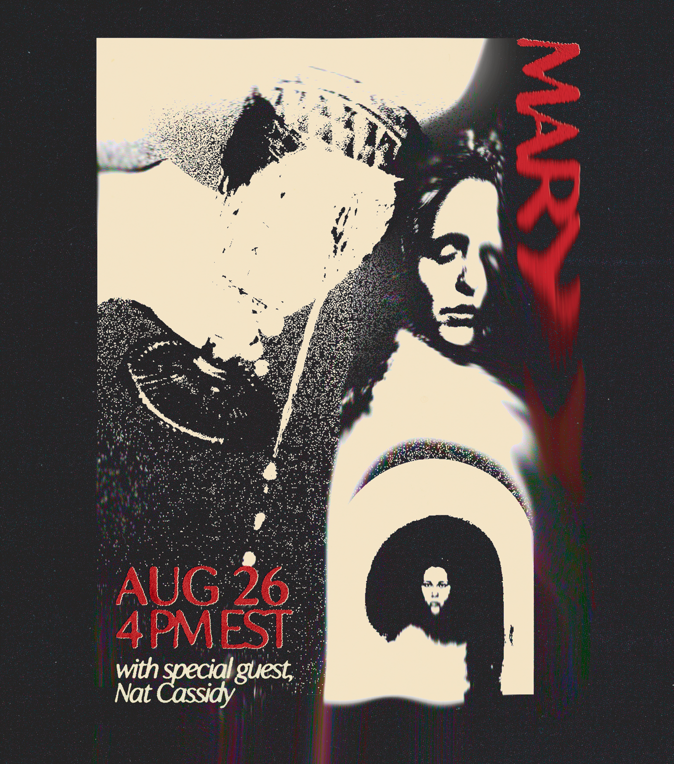 A poster for a music event featuring Waron August 26 at 4 PM EST with special guest Nat Cassidy. The poster has black and white images of a man with curly hair and a woman, with red and white text on a dark background.
