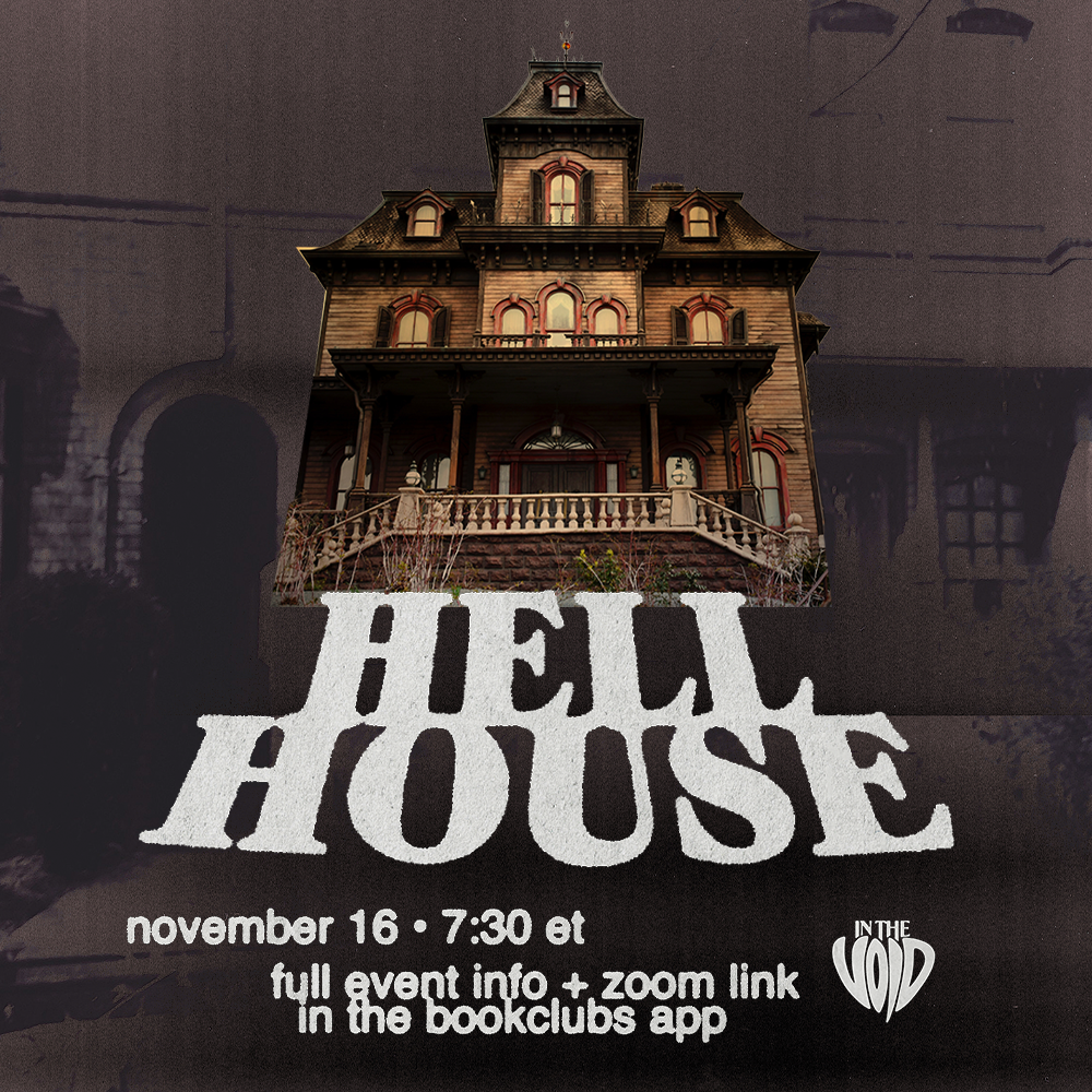 Poster advertising a spooky event called 'Haunted House' on November 16 at 7:30 PM, with details in the Bookclubs app, featuring an image of a creepy old Victorian house with dark, eerie surroundings.