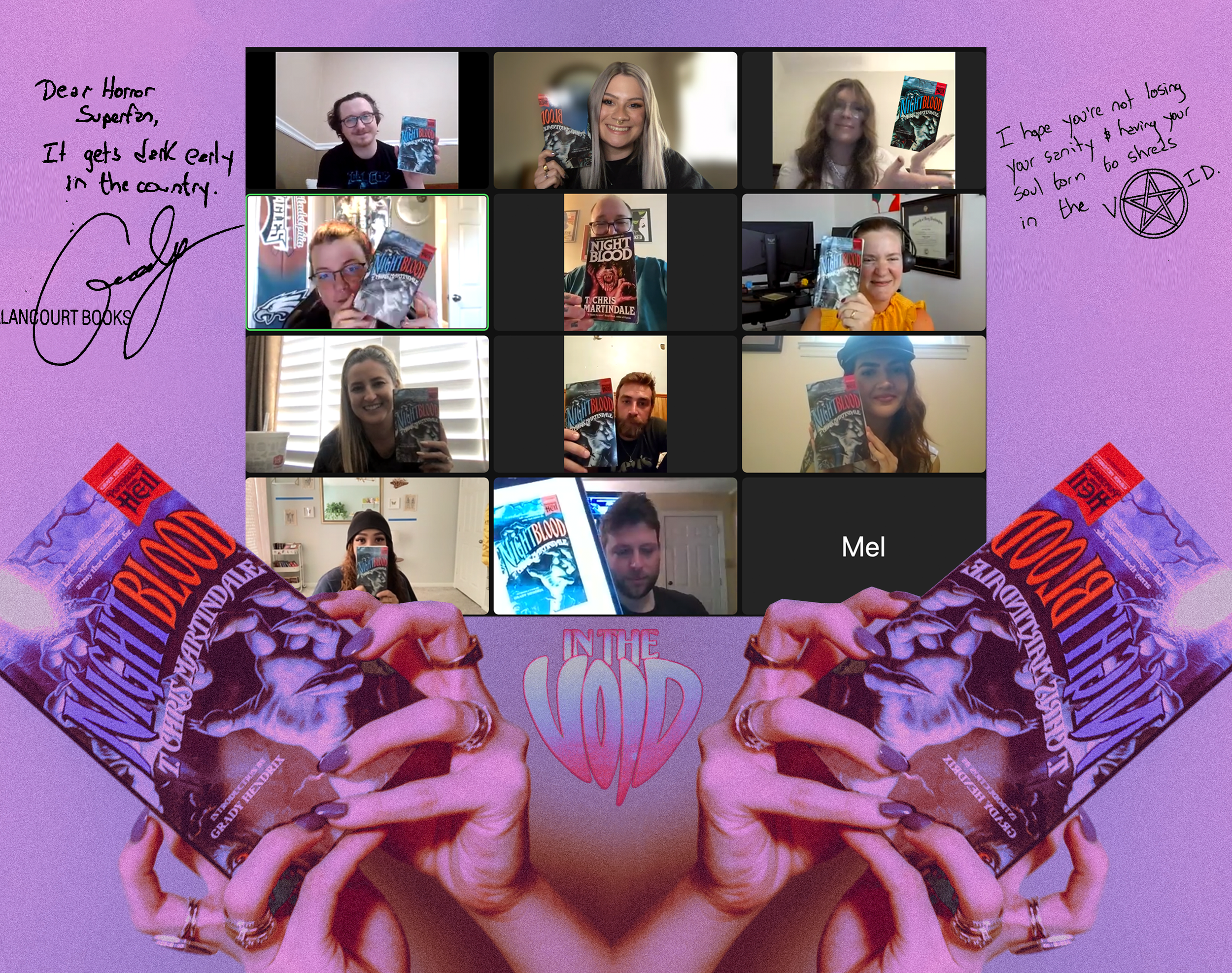 A Zoom call with ten participants, each holding a copy of the book 'Night Blood'. The background has a purple and pink theme with illustrations of hands holding books, and notes handwritten on either side expressing good wishes and a signature.