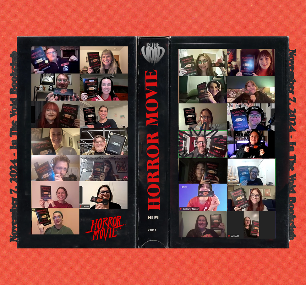 A group of people participating in a virtual book club meeting, each holding a copy of the book "Horror Movie." The image shows their video call screens on the inside cover of a horror-themed book with a black spine labeled "In the Mood for Horror" a